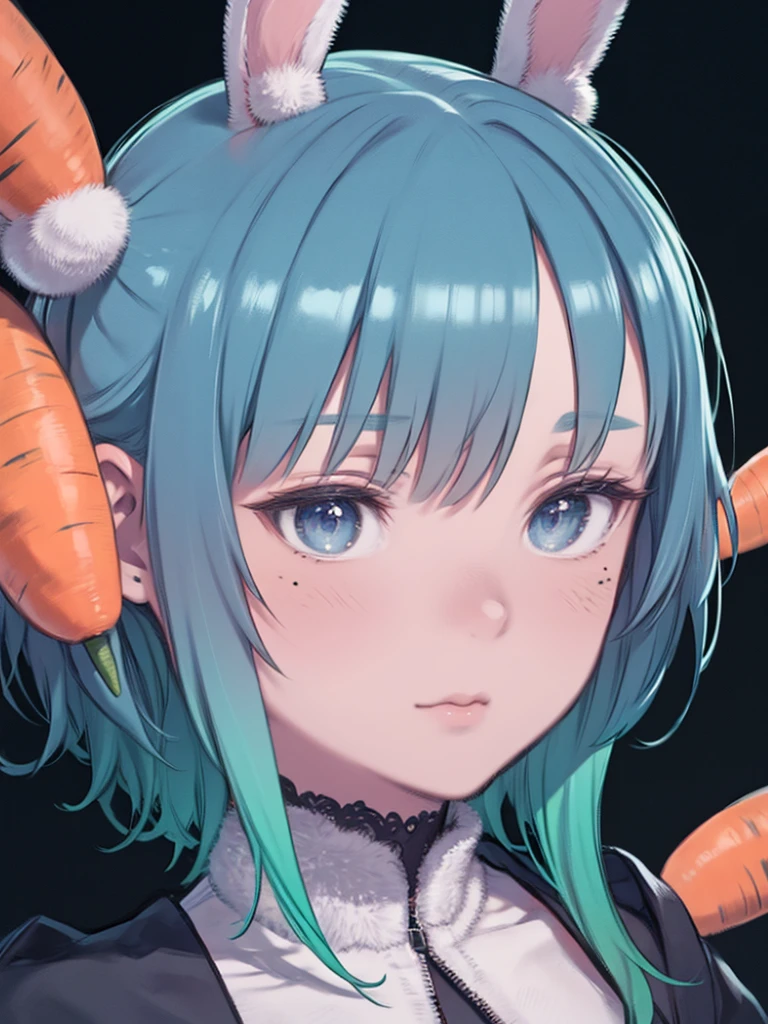 Angry face, Blue Hair, Rabbit, Medium chest, Yellow Eyes, blush, carrot in hair,