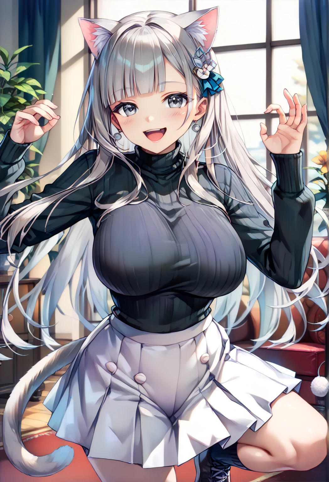 masterpiece,8K,A woman with big tits,Cool woman,Silver long hair,Gorgeous jewelry,Crystal Hair Accessories,Cleavage,Brighter light,((Bunny Girl)),Leather,red cheeks,