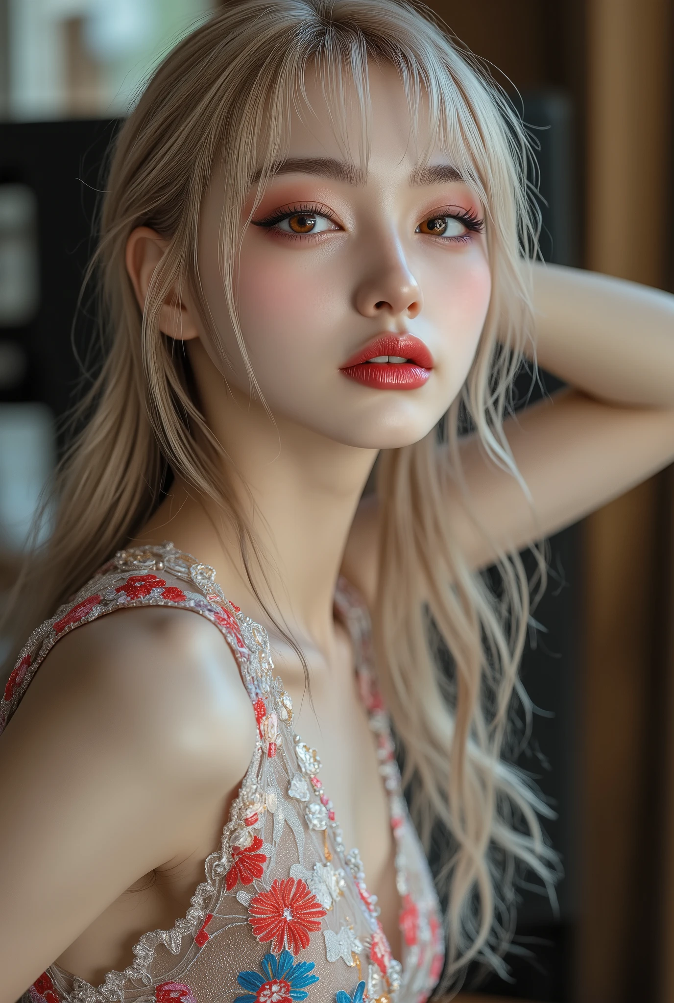 Realistic ((Photorealistic realism)), Hyper high resolution, ((Hyper insanel quality, epice masterciece, intricately detailed digital art)),((focus on extremely Realistic Proportion Body:1.3)),(portrait),((a cute and very beautiful, yung, 1 Japanese, 18yo, famous Kpop idol:1.35)), (ultra realistic texture details: velvety skin, hair), ((sharp focus, no blurry eyes, Hyper absurd quality, Hyper details,Hyper realistic orange_eyes:1.4)),((extra narrow eyebrows)),(Carefully draw Long blue_mascara:1.33),(perfect round eyes), (finely detailed pupils, (extremely fine details pupils)), detailed lips:1.3, (apply glossy red_lipstick:1.3), (perfect proportions:1.2), (holographic little bodysuit((lace fishnets, mesh stocking:1.25, intricately detailed:1.33))), (((she is the embodiment of beauty and allure, Dressed in a breathtaking and sophisticated floral bodysuit, elegant and sophisticated fashion:1.2), floral couture, clothes made of flower:1.33)), (short blonde stylish hair, ((slicked to the side:1.2)), extremely detailed:1.35)), dslr, high quality split lighting, sharp focus captured by Fujifilm XT3, f 5.6,(perfect composition),((look at the viewer)), HDR, UHD, studio lighting, physically-based rendering, vivid colors,