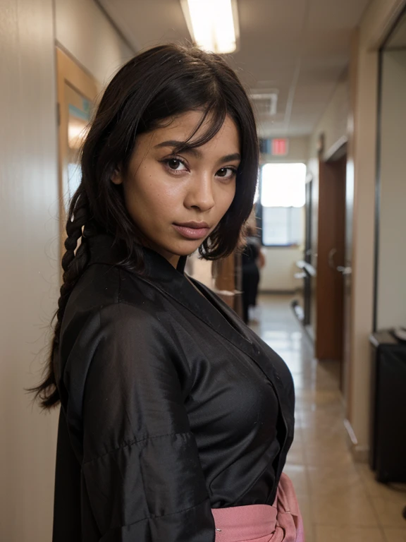 there is a woman with a shirt, short blue hair, isabela moner, short blue fur, short blue fur, with blue fur, color blue, short blue fured woman, pretty girl with blue fur, with short hair, blue furstyle, blue sweater, White skin, clear skin, blue toned hair, blue furs, blue fur, She has a pretty face, girl of 20, mexican traits, boy hair, black hair, Frizzy hair, mexican, blue tips, bob cut, bob hairstyle, selfie, midbody, torso only, no legs, no legs, autophoto, only face, aesthetic, short hair, Zoom, Zoom facial, short hair, blue hair, auto autophoto, Looking up, camera from above, Angle up, low angle arm, blue hair, autophoto, tousled hair, Zoom face, Zoom al rostro, face close, near the camera, no torso, only face, selfie, selfie pose, selfie pose, photo for icon, profile picture, photo for instagram, chubby girl, Zoom, facial Zoom, close up, she holds the pov, Zoom body, Zoom al cuerpo, holding the camera, but about, foto tomada close up, big breasts, big , natural light, illuminated, fluffy hair, looking straight ahead, close to the camera, in her room, mirror selfie, mirror photo, no phone, black clothes, Military suit, military clothing, militar clothes, black outfit, captain hat, officer clothing, police clothes, police cosplay, black cosplay, black clothes, black outfit, black sweater, leather, ropa de leather, leather negro,