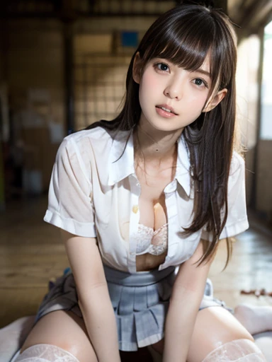 (((8k,High detail,High Detail、masterpiece,Attention to detail,Whole Body Ezbian,solo))),RAW Photos & Realistic atmosphere,Beautiful Eyes,Mouth details,Glossy Lips,Fine eyebrows,With soft white skin that shines in every detail、Detailed eyes、Dark brown eyes,Very beautiful eyes,Detailed lips、Very beautiful face,Very well-formed face、A vivid face,Beautiful, shining lips, photo realistic, Realistic young gravure idol, Slender gravure idol, Beautiful and cute, ((Japanese))、Cute Korean idol style,Black Hair,high-quaiity,(Correct Anatomy),(real photo),Raw Photos, Photorealistic、Cute face,(Well-proportioned face:1.5),High resolution,Super detailed,Fine details,Very detailed,very realistic eyes and face, shy face,(Realistic Humans),Sharp Focus,studio light,day light,(white shirts),umbutton of shirts,check mini skirt,naked under the skirt,the body foward to camera, at the hospital,((spread legs:1.5)),(11years old),, (girl), long hair,Long Hair,(Thighs spread wide to the left and right),(Both knees are spread wide),Looking at the camera,(flat chest),Narrow waist,Small hips,full body,convenience store、Crouching on the floor