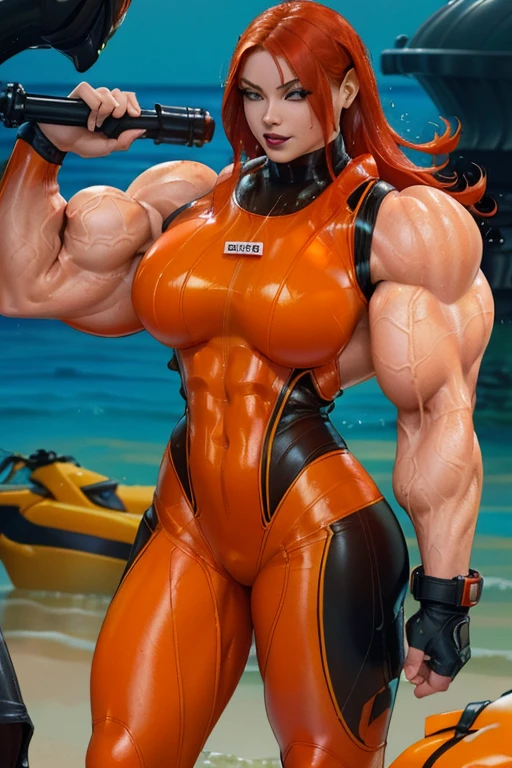 anime muscle mommy with red hair and tanned skin in a red latex bodysuit, and wearing a black surgical mask, flexing her muscles with her hands behind her head so they are not visible to pridefully showing off her rock hard abs while sitting on on a mountain ledge, highly detailed