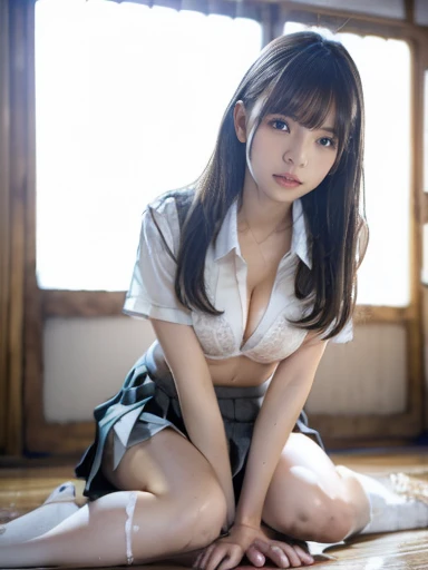 8K quality、High resolution、Realistic skin texture、High resolutionの瞳、A woman with a mature appearance、Japanese summer high school girls uniform、Princess Hair、thin、Realistic Female Genitalia、Small and young breasts、Realistic tongue、Beautiful cleavage、Brown Hair、blue eyes、thin脚、Sweating profusely、Sweat accumulates in the chest、Evening schoolyard、Bare feet、Sit on the ground、Touching the female genitalia with your hands、first menstruation