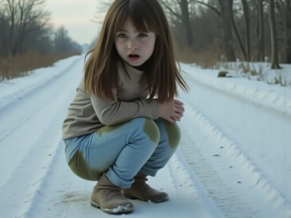 Girl who squatted down on a snowy road and spilled poop
