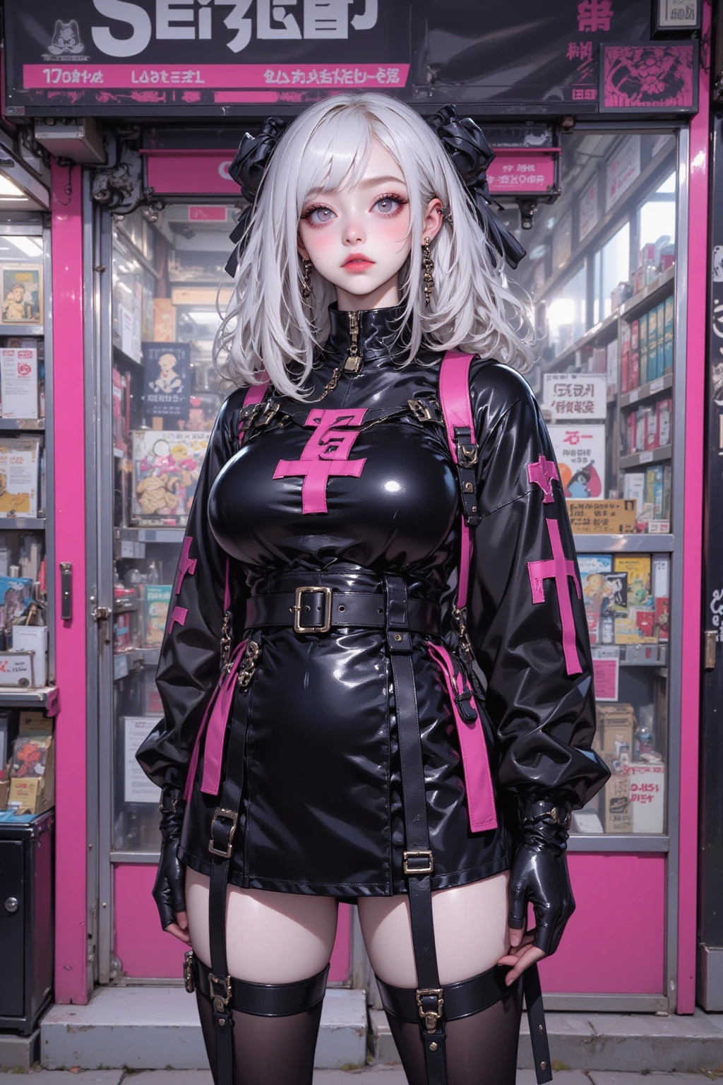 Anime girl in a black outfit standing in front of a store, dressed in punk clothes, shiny, latex, anime girl dressed in a white and pink dress ,   goth anime girl , Who wears a punk outfit , pink and white,  anime character;  full body art , 80's anime vibe,  aesthetic appearance of a goth girl , white hair ,  full body anime illustration , cinematic lighting, drop shadow, backlighting, multiple monochrome, UHD, Retina, masterpiece, Accurate,  Anatomically Correct , textured skin, Super detail, high details, high quality,  award winning , best quality,  highres, 1080P, HD, 16K
