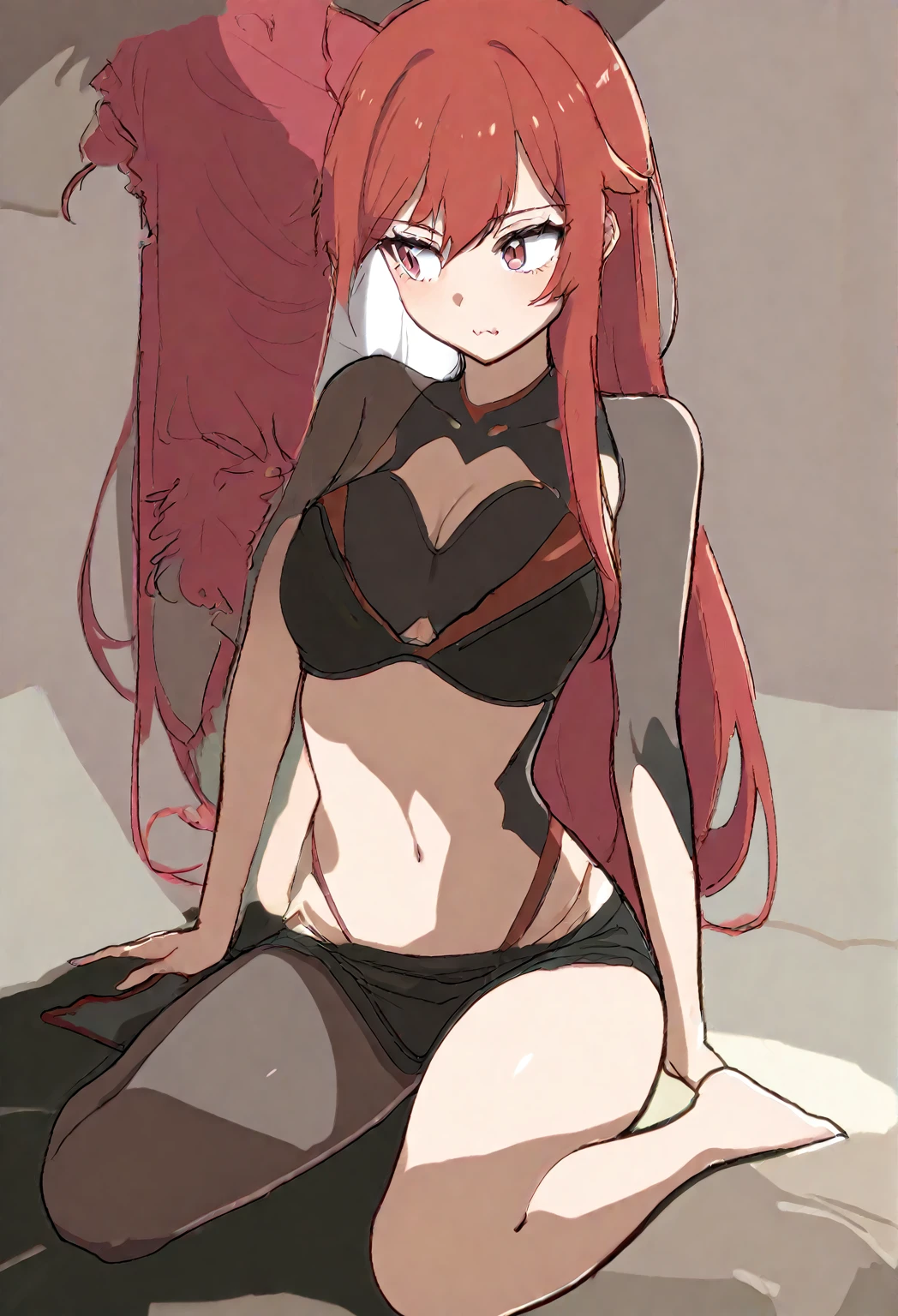 Armpits spread, detailed, red hair, purple eyes