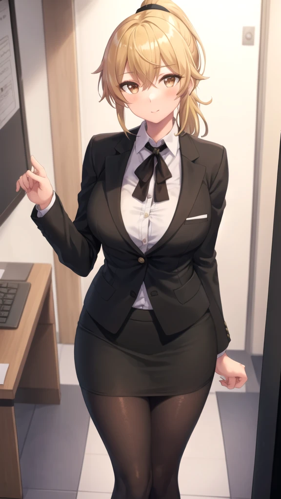 (Better quality, 8K, 32k, Masterpiece, uhd:1.2), from behind, 1, that goes, Bürodame, glasses, (smile:0.5), (look at the viewer), a bit chubby, grey suit, grey miniskirt, Office, Table, (small breasts, Gluteal muscles:1.2), Detailed cute face, including,