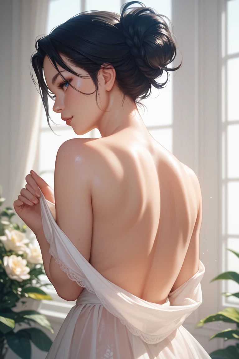 (((Masterpiece))), (((portrait))), Kujou Sara, diffused light, dynamic shadows, sharp focus, realistic, detailed, highres, absurdres, white background, no bra, photorealistic, lifelike, wet, mascara, blushing, sleeveless, youthful appearance, pee stain, white panties, (((nudist))), (((sweept bangs))), (((side braided ponytails))), (((lips apart))), (((cutest)))