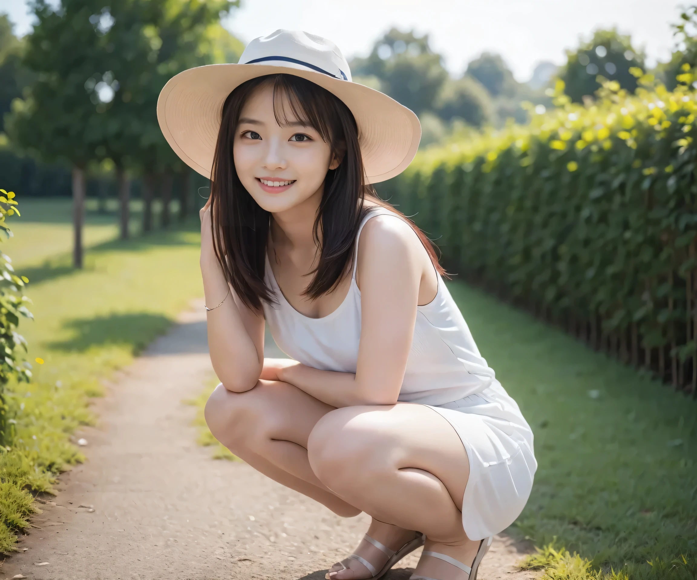 8k, RAW photo, best quality, masterpiece, realistic, photo-realistic, clear, professional lighting, beautiful face, best quality, ultra high res, (a girl,squat, wearing a hat and smiling for the camera), girl, dau-al-set , a stock photo