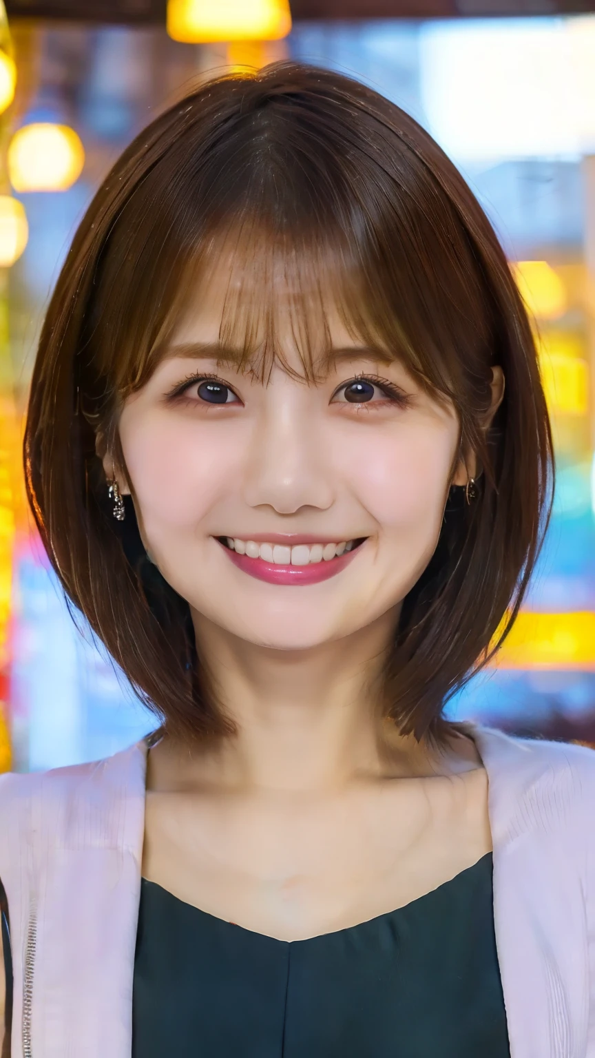 (( top quality)),(( Highest Quality)),(('s greatest masterpiece)), professional lighting、 1 Japanese woman ,20 years old,((Closeup from lower body))、 Composition Above Knee 、 looking at camera、( pixie cut hair)、( short cut hair)、 pretty face、 has a big smile、 sparkling eyes 、 silky skin、I'm wearing a black leather dress、 is wearing a leather jacket、( plump breasts)、It fits the skin perfectly、 tight miniskirt holding 3 hands、 Attractive Hips 、 shopping mall