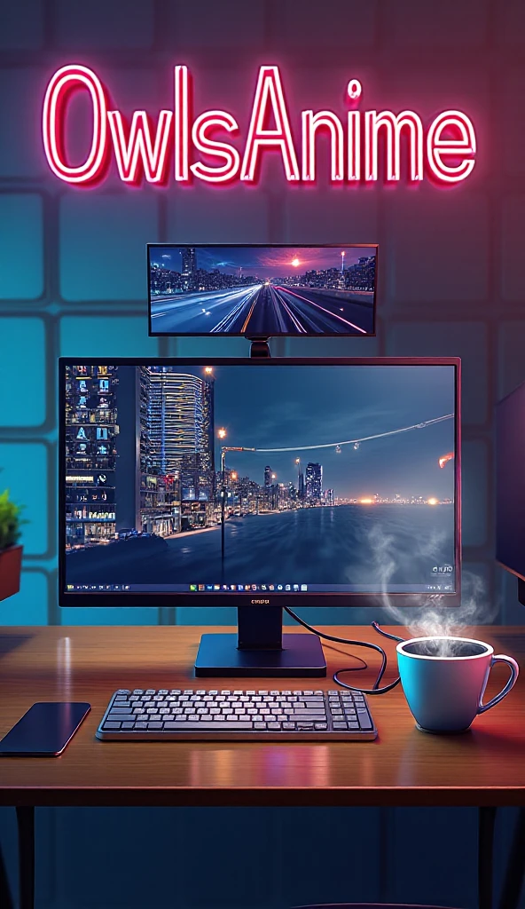 One computer screen is on the table, in the center ,the second narrow screen is mounted on the wall, there is a neon sign on the wall above the computer "OwlsAnime", mug with steam in front of the computer, window, night city, realism