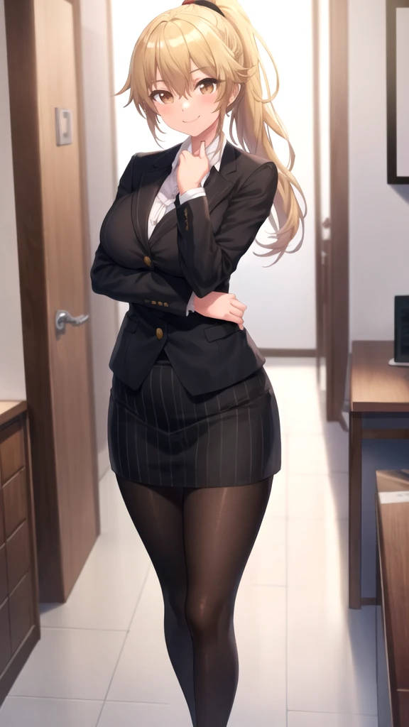 masterpiece, best quality, expressive eyes, perfect face, highly detailed, intricate detailed, atmospheric perspective, solo, 1mature seductive woman lifting skirt, alluring pose, brown semi long hair, neckless, business suit, checked vest, blouse, black pencil skirt, tight mini skirt, pantyhose, panties, curvy, thighs, calm smile, opening legs, from below, in office, at night,