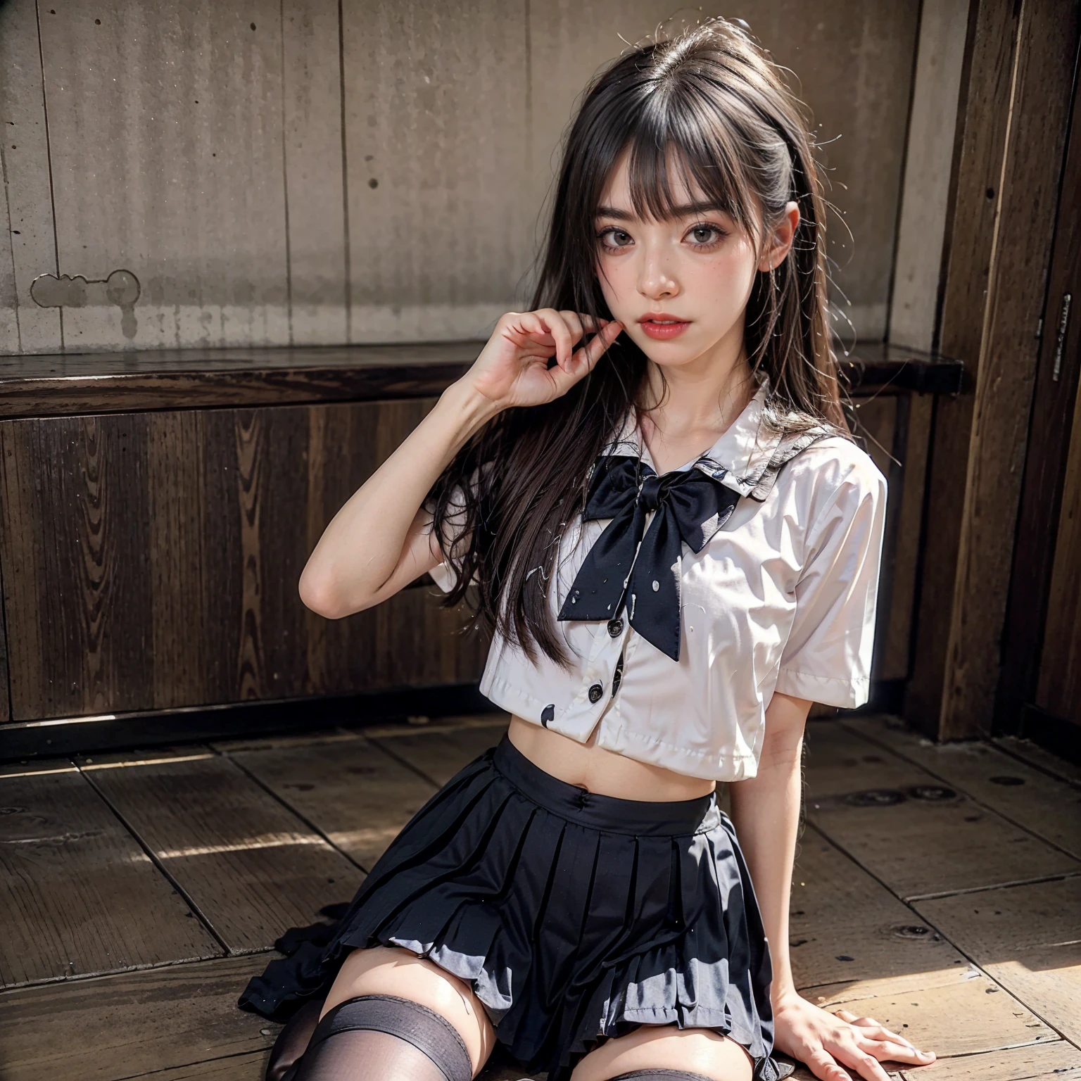 (ultra realistic), (young girl), (oriental), (front on), (anatomically correct), (wavy purple hair tied up), (dark blue eyes), (pink skin), (white shirt), (small breasts) ), (sitting inside a train carriage), (legs open), (lifting her own skirt), (black skirt), (black lace tights), (exposed vagina), (slutty face)