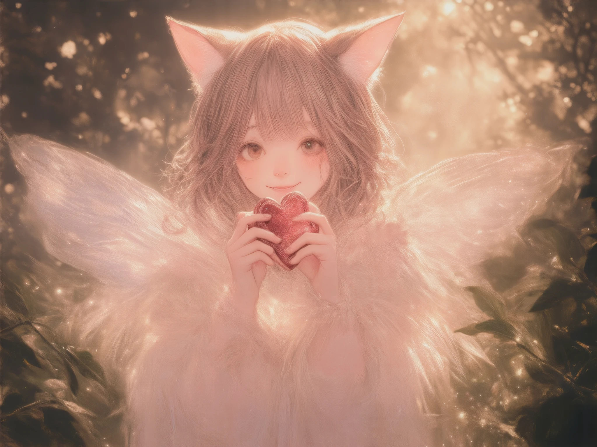 A digital artwork of a cute girl with cat ears holding a Valentine's chocolate, set against a magically sparkling background. The atmosphere is warm and dreamy, with soft golden and pink hues illuminating the scene. The girl's expression is warm and inviting, and her delicate features are highlighted by gentle lighting. Her outfit is depicted with a soft fabric texture, enhancing the cozy feel. The background is scattered with twinkling lights, adding a whimsical touch to the composition, creating a delightful and enchanting image.　Delicate ,  are highlighted by transparent feathers . She has been a long time,  wave hair,  and her ethereal beauty is soft , Shining Light.  in the background 、 A magical forest of twinkling lights and green leaves spreads out. Fairies sparkle , Translucent dress,   adds a romantic and sophisticated atmosphere  .   The whole scene is serene and otherworldly  ,  sit gracefully on the ground ,  by Nomi, photo by Nomi,  RAW Photo