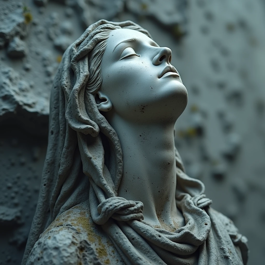 a photo of the statue of the personification of grief covered with candles and hot wax, covering the face with its hands, black tears dripping from the cheeks, the whole statue is covered in dense cobwebs and grease, higly detailed, black isolatet cave, tarnished, grunge, glowing cracks