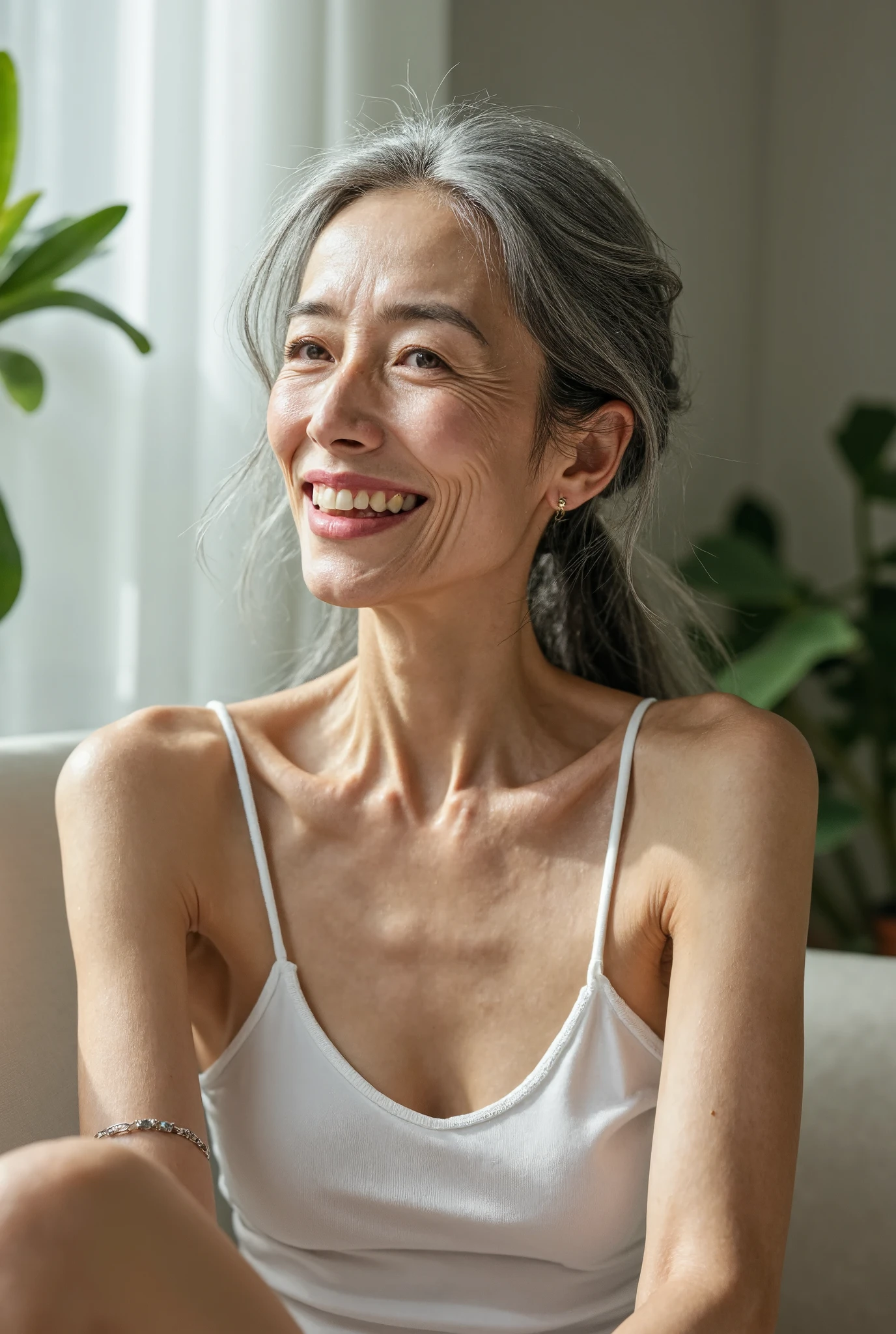 Detail Tweaker LoRA、 photorealistic、 full body image、70 year old Japanese charismatic old fashion model、 grandma who forcibly makes her younger、Erotic Baba 、Small wrinkles, freckles, and spots on the skin、A dreamy smile、A thin, poor body、super petite body、Irritated skin、 natural makeup、Silvery damaged and bulky long ponytail gray hair、 looking at camera、beautiful white thin fabric mini camisole、Sitting and laughing in a cozy white, modern botanical living room with a bright and beautiful morning sun、Wedding Rings、Do your best to create images!You can do it!