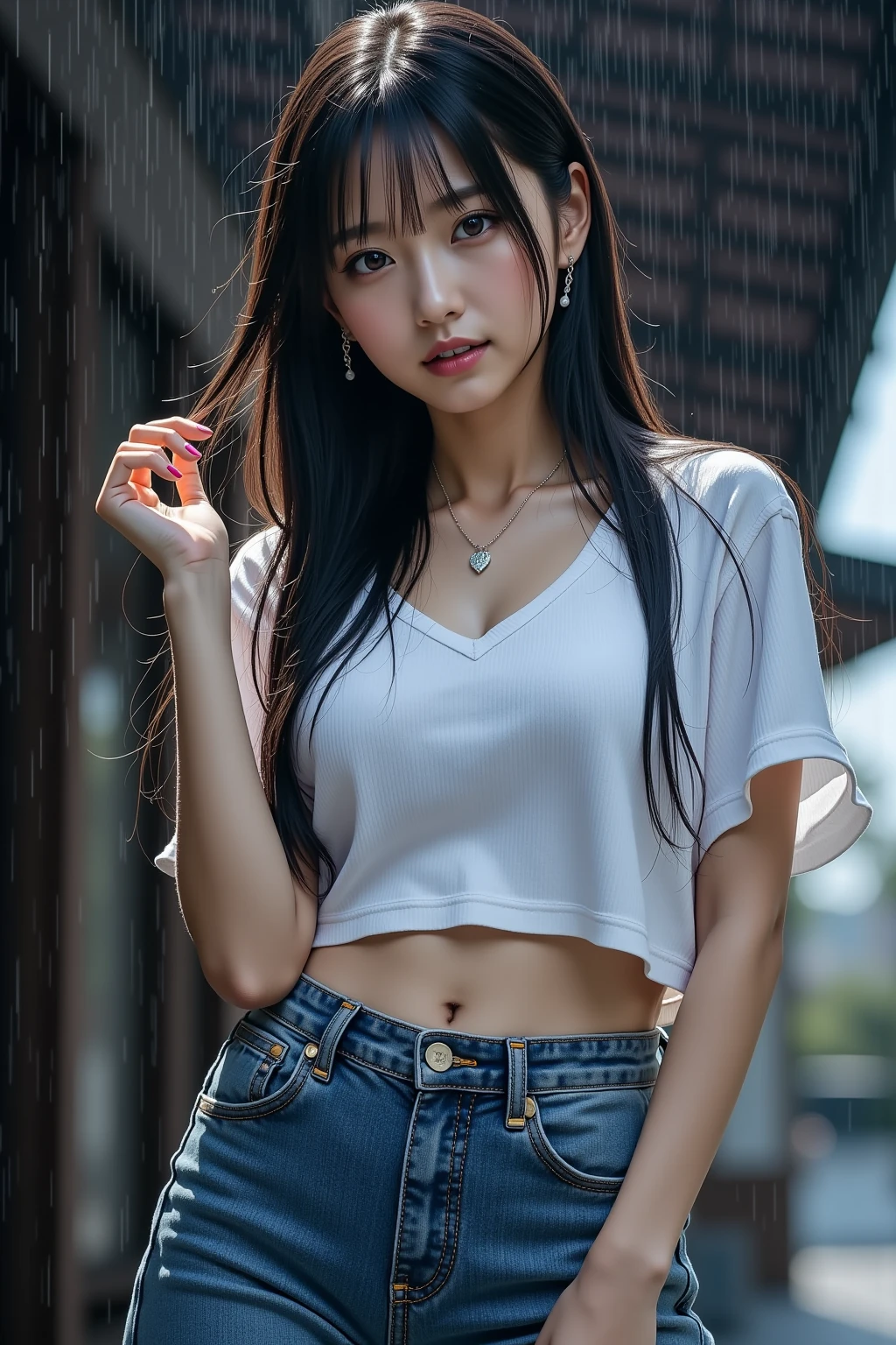 (Extremely meticulous CG),(((8k))),wallpaper,((Extremely refined and beautiful)),(((Masterpiece))),(((best qualtiy))),(((Ultra High Resolution))),realistic shaded,(Smooth and flawless fair skin:1.5),(Extremely exquisite facial details:1.2),(ultra-detailed:1.5),((a beautiful girl,solo)),(White baseball cap:1.5),(short ponytail:1.3),(wet hair:1.5),(small head:1.2),(slender face:1.2),(Exquisite makeup:1.3),(happy:1.2),(laughing:1.2),(perfect body:1.1),(wet:1.5),(sweat:1.3),(shiny skin:1.5),(torn white shirt with short sleeves:1.3),(small breasts:1.3),(flat chest:1.2),(navel:1.2),(torn black gauze pants:1.5),(slender legs:1.2),(slippers:1.3),((slim,thin)),(from front:1.3),(standing:1.3),(arms behind back:1.3),(at the schoolgate:1.5),(urban landscape:1.3),(outdoor:1.3),(summer:1.3),(day scene:1.3),(dark lighting:1.5),(cloudy:1.5),(rainy:1.3),(overcast:1.5),(upper body:1.3),(surrounded by crowded crowds:1.5)