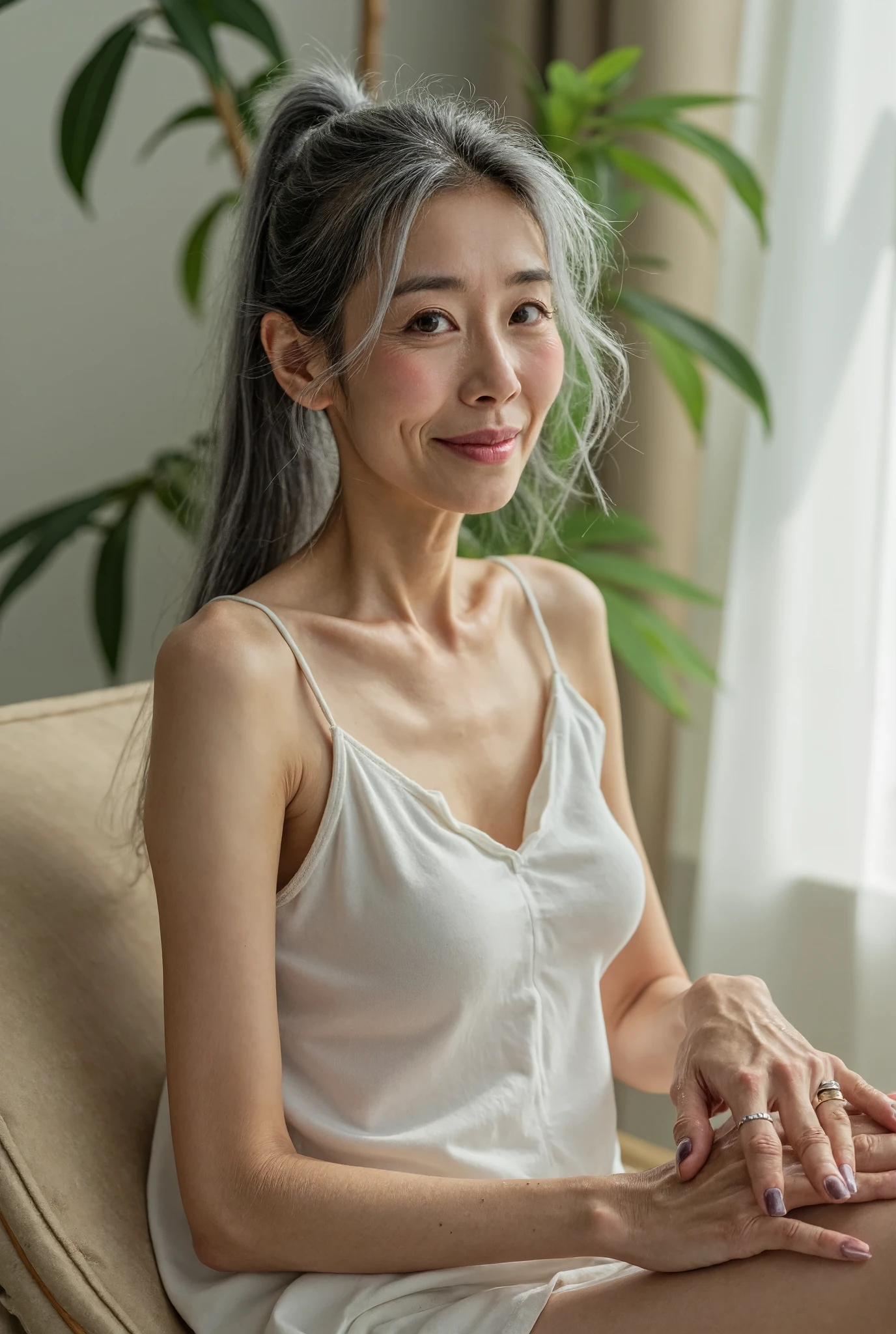 Detail Tweaker LoRA、 photorealistic、 full body image、70 year old Japanese charismatic old fashion model、 grandma who forcibly makes her younger、Erotic Baba 、Small wrinkles, freckles, and spots on the skin、A dreamy smile、A thin, poor body、super petite body、Irritated skin、 natural makeup、Silvery damaged and bulky long ponytail gray hair、 looking at camera、beautiful white thin fabric mini camisole、Sitting and laughing in a cozy white, modern botanical living room with a bright and beautiful morning sun、Wedding Rings、Do your best to create images!You can do it!