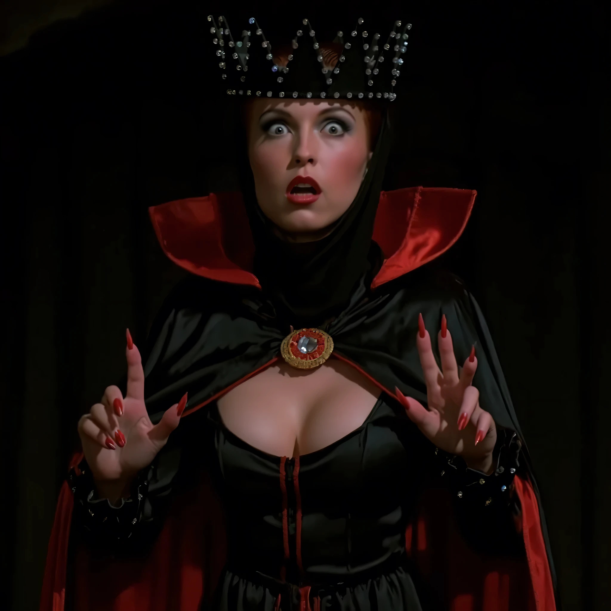 cinematic long shot film still of the Evil Queen. a surprised woman with Huge Wide Bulging Eyes, Pointed finger with Long Red shiny Nails, Very busty in a black costume, Long Black Satin Cape with red satin Lining and a black crown with wide staring eyes and a shock expression on her face in 1500s 15th century, 1girl, solo, hat, upper body, lips, makeup, black background, crown, lipstick, realistic, red lips, shallow depth of field, vignette, highly detailed, high budget, bokeh, cinemascope, moody, epic, gorgeous, film grain, grainy