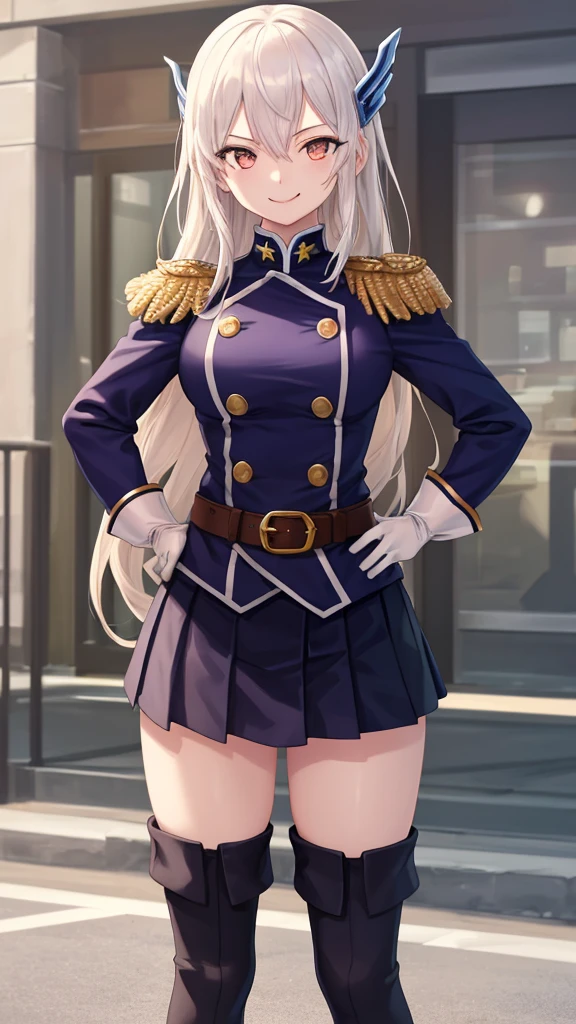 masterpiece, best quality, absurdres, perfect anatomy, 1girl, solo, KyoukaUzen, hair ornament, military uniform, white gloves, epaulettes, belt, pleated skirt, black skirt, thigh boots, smile, hands on the hips, outdoors,