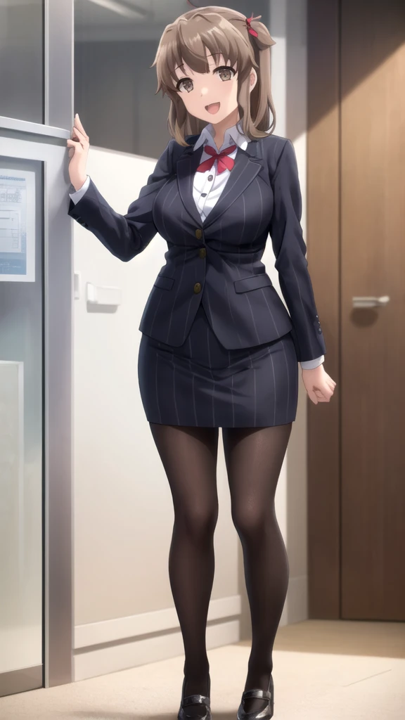 full body photo of a beautiful sexy secretary wearing extremely short skirt and seamed stockings, (stands_straight), ((solo)), adult, at_the_office, high heels, craves sex, petting_herself