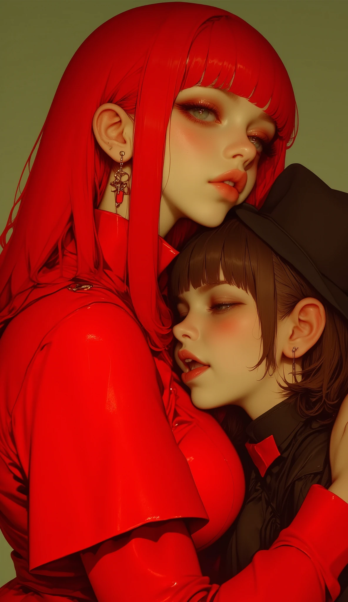 Warm hug :1.5,   Straight-haired red-haired woman moving in the wind  ,   bangs up to the eyebrows:1.4,  beautiful and sensual face  ,  red in color,   hugging a  who cries because he hurt his knee,  tender image of love for her son :1.51,  style posing for a photo , Portrait of Kim Petras, ava max,   modeled photograph Kerli Koiv   ,    jersey looks like a mix of Grimes  , The answer   (   Yolandi Pescador   ),   Photo from a promotional session  ,    hyperrealistic style , (olive green background  )