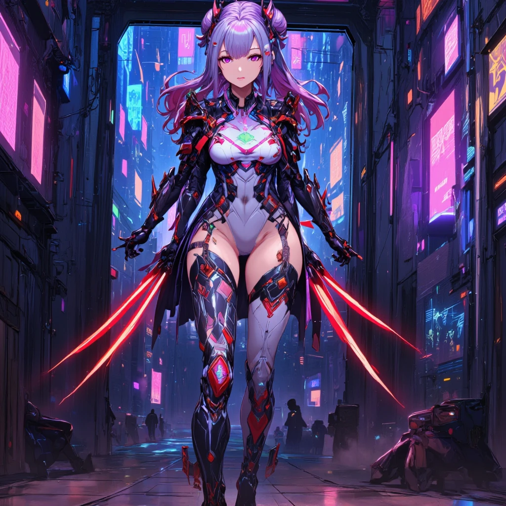 An evil magical girl in a skimpy outfit stands alone. Her costume is made up of latex fabric and transparent tights. She wears sharp black bikini armor. A hair ornament with sharp angles on her head. Sharp claws on her fingertips. A heart tattoo around her navel. pink eyes that shine with light. Futuristic machines in the background