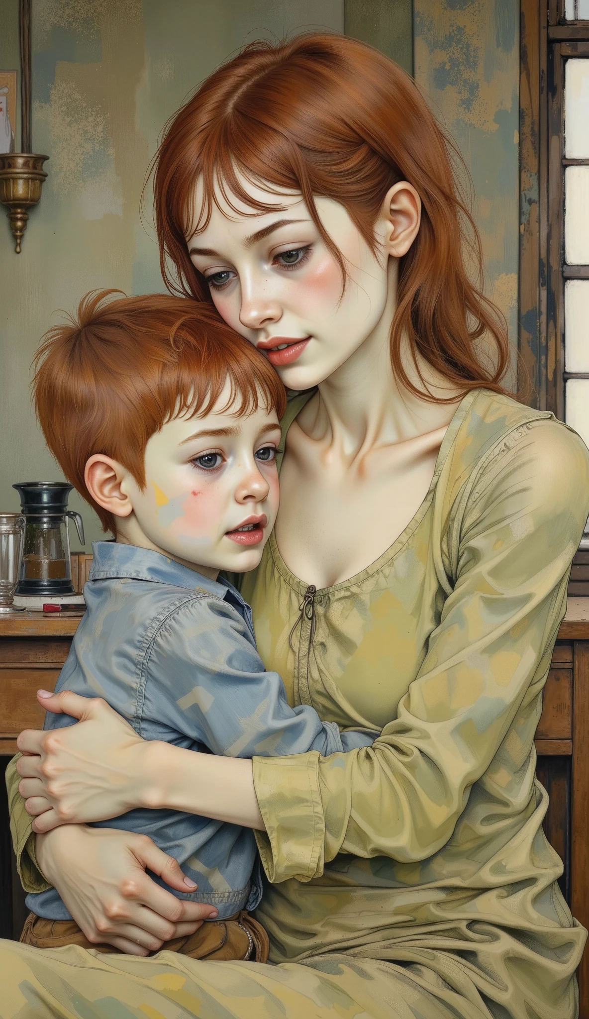 ((Low Fidelity Anime Digital Illustration Styles :1.5)), Warm hug :1.5, Straight-haired red-haired woman moving in the wind , bangs up to the eyebrows:1.4, beautiful and sensual face , red in color, hugging a who cries because he hurt his knee, tender image of love for her son :1.51, style posing for a photo , Portrait of Kim Petras, ava max, modeled photograph Kerli Koiv , jersey looks like a mix of Grimes , The answer ( Yolandi Pescador ), Photo from a promotional session , hyperrealistic style , (olive green background ) super detail , tall details , high quality, awarded , envelopes , highres, 1080P, high definition , 16K