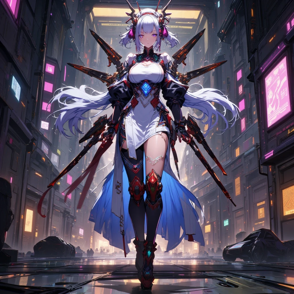 an alone girl with long red color slice gray hair , eye sleep, on the bed, inside china room style, china city , night time, High detail mature face, 2 short mechanic horn , iron mask, bare leg, bare shoulder, white china dress, white glove, black boot, high res, ultra sharp, 8k, masterpiece, smiling, assault rifle on the girl side, fantasy world, magical radiance background ((Best quality)), ((masterpiece)), 3D, HDR (High Dynamic Range),Ray Tracing, NVIDIA RTX, Super-Resolution, Unreal 5,Subsurface scattering, PBR Texturing, Post-processing, Anisotropic Filtering, Depth-of-field, Maximum clarity and sharpness, Multi-layered textures, Albedo and Specular maps, Surface shading, Accurate simulation of light-material interaction, Perfect proportions, Octane Render, Two-tone lighting, Wide aperture, Low ISO, White balance, Rule of thirds,8K RAW, Aura, masterpiece, best quality, Mysterious expression, magical effects like sparkles or energy, flowing robes or enchanting attire, mechanic creatures or mystical background, rim lighting, side lighting, cinematic light, ultra high res, 8k uhd, film grain, best shadow, delicate, RAW, light particles, detailed skin texture, detailed cloth texture, beautiful face, (masterpiece), best quality, expressive eyes, perfect face,