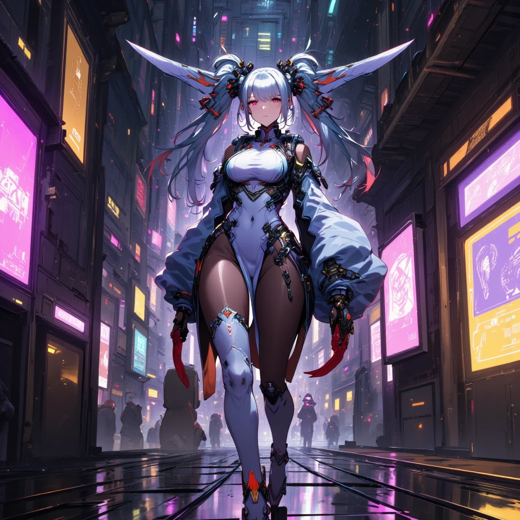 （A rainy night in a bustling city：2.0），（Glowing skirts：1.9），Ethereal Background，Mysterious atmosphere，RAW photos，16K，drama灯光，rich and colorful，high quality，Precise focus，4D Cinema，drama，hyper-realistic illustration，Super detailed，absurd，Complex Mode， atmosphere，Ultra-high resolution， (Realistically:1.4)，(Fractal Art:1.3)，（Large Breasts），A woman，drizzle，LED Light，Thriving streets，night，Neon，holographic，Light and shadow figure projection，AR Reality，Cyberspace