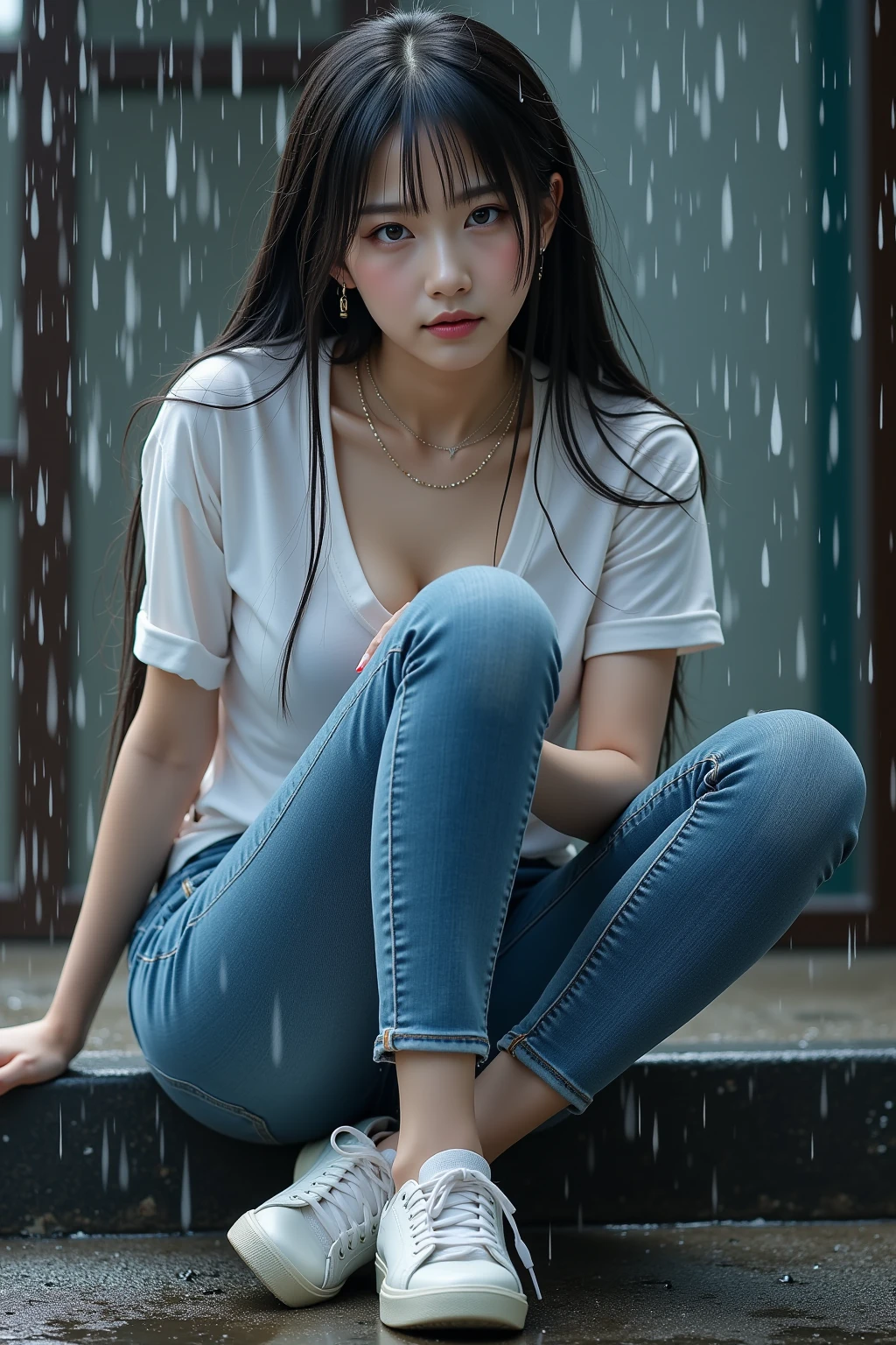 The highest image quality, ​masterpiece, The ultra-Highres, (Fidelity:1.4), a photo of, 1 girl in,Highly detailed face and skin texture, Detailed Eyes, photorealistic eyes, Beautiful detailed eyes, (Realistic skin), Attractive, The ultra-Highres, ultra realisic, highly detaild, Golden proportions, (sweatshirt, running shoes), Dim, A dark, despair, compassionate, poor, films, watery eyes, watery eyes, (ripped clothing: 1.5), ((wetclothes: 1.4)), bare shoulder, Real rain, Wet hair, ((South Korean, s whole body))