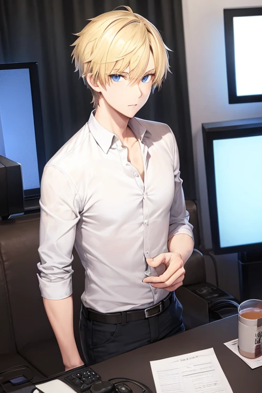 Young guy blonde with pink strands, earring in the ear, Cyan eyes, dark sexy tight clothes, Sheer Shirt, shingle, sly look, Background room with computer, Lots of plush toys