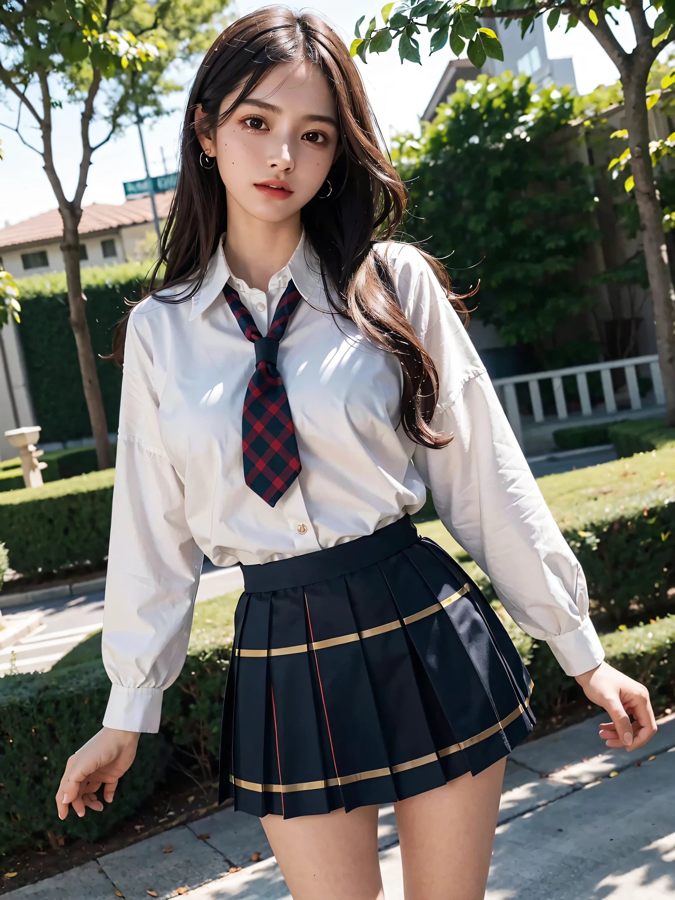 8K, masutepiece, Raw photo, Highest Quality, Photorealistic, High Definition CG Unity 8K Wallpaper, depth of fields, Cinematic Light, Lens Flare, Ray tracing, (Extremely beautiful face, Beautiful lips)Angle from below、high-school uniform,、Black tightsが丸見えている、breasts are large, hi-school girl,Black tights、cloud, Multicolored, masutepiece, NSFW