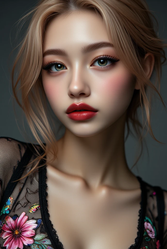 (((Intricately sharp-detailed photo))), ((soft cinematic lighting)), ((1girl:1.3 20-year-old)), European fashion supermodel, (photorealistic)),(Ultra Real),((sharp focus)),(highest resolution), (the most absurd quality), (masterpiece), (Illustration), 32K, (Best Illustration), (high quality realistic texture skin),(high quality realistic texture hair),BREAK,((brown hair(slicked to the side) Intricately detailed:1.23)), (outside,an orchard of blooming cherry trees:1.3), perfect proportions,(anatomically correct),((firm and full big breasts:1.22)),((small round head)),(high detailed realistic Super beautiful slim sharp-face), (best highest detailed realistic sharp-black eyes:1.4), (tired and sleepy and satisfied:0.0), (close up of a woman's eyes), perfect round eyes, finely detailed pupils,BREAK,detailed lips:1.3,pink_makeup:1.22, long_blue_eyeliner:1.28, red_lipstick:1.35,(perfect dark_eyeshadows:1.45), (super detailed professional makeup on eyes:1.3), (Detailed nose:1.2),BREAK, ((wearing a tight black knitted mini dress:1.30)),(small head), exquisite balance of shadows, perfect composition,(look at the viewer),((wide and dark shot:1.25)), Hasselblad, 50mm f/2.2