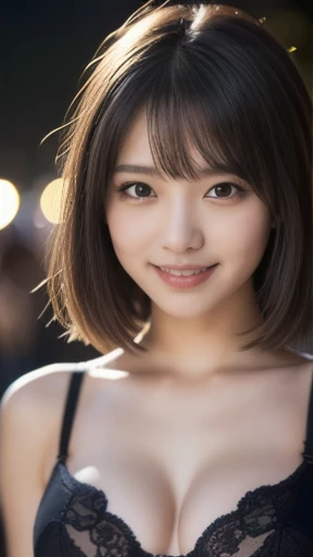 girl, White skin, Short dark brown tiered hair, V cut with layers and bangs, Brown eyes, Soft atmosphere characteristics (Highest quality, Ultra-high resolution, 8K, RAW Photos, Ultra-high resolution: 1.2, masterpiece: 1.2), (Realistic, Realistic: 1.37), Super detailed, Professional Lighting, Photon Mapping, Radio City, Physically Based Rendering, Japanese, One Girl, alone, Black Hair, cute, Nice, Adorable, A light smile, Normal chest,Fireworks display,fair