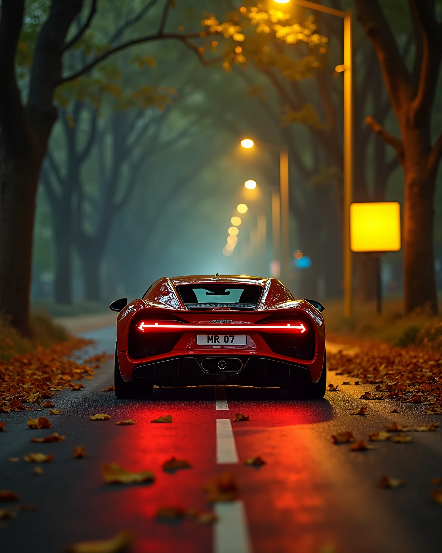 On Indian yellow pole light road dark red Bugatti Chiron running at top speed write 'MR 07' clearly on number plate, horror Indian road , yellow side poles, big deep trees around the road , close to camera, leaves on road, leafs are flowing in air and road, fog lightroom effect, professional photography of seen, dark night , side of the road a yellow neon sign board 
