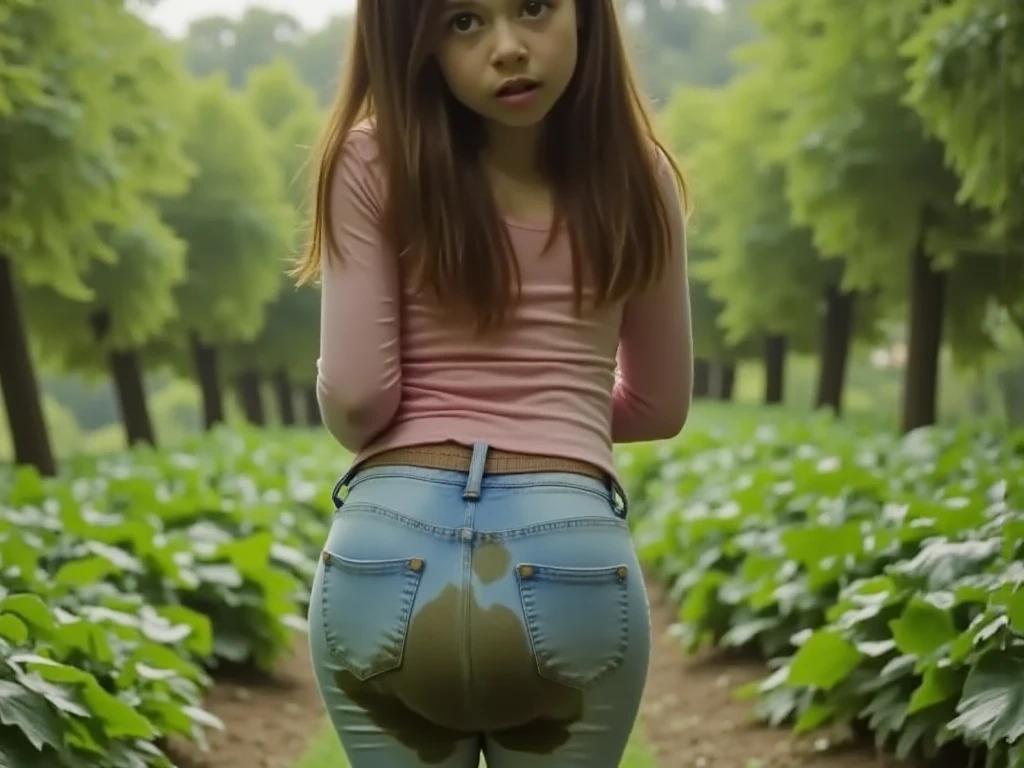 The girl who pooped while stepping in the vegetable garden looks back and looks back