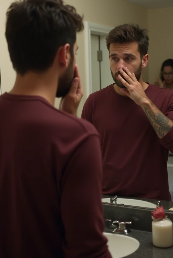A man looking at his reflection in the mirror shirtless and crying