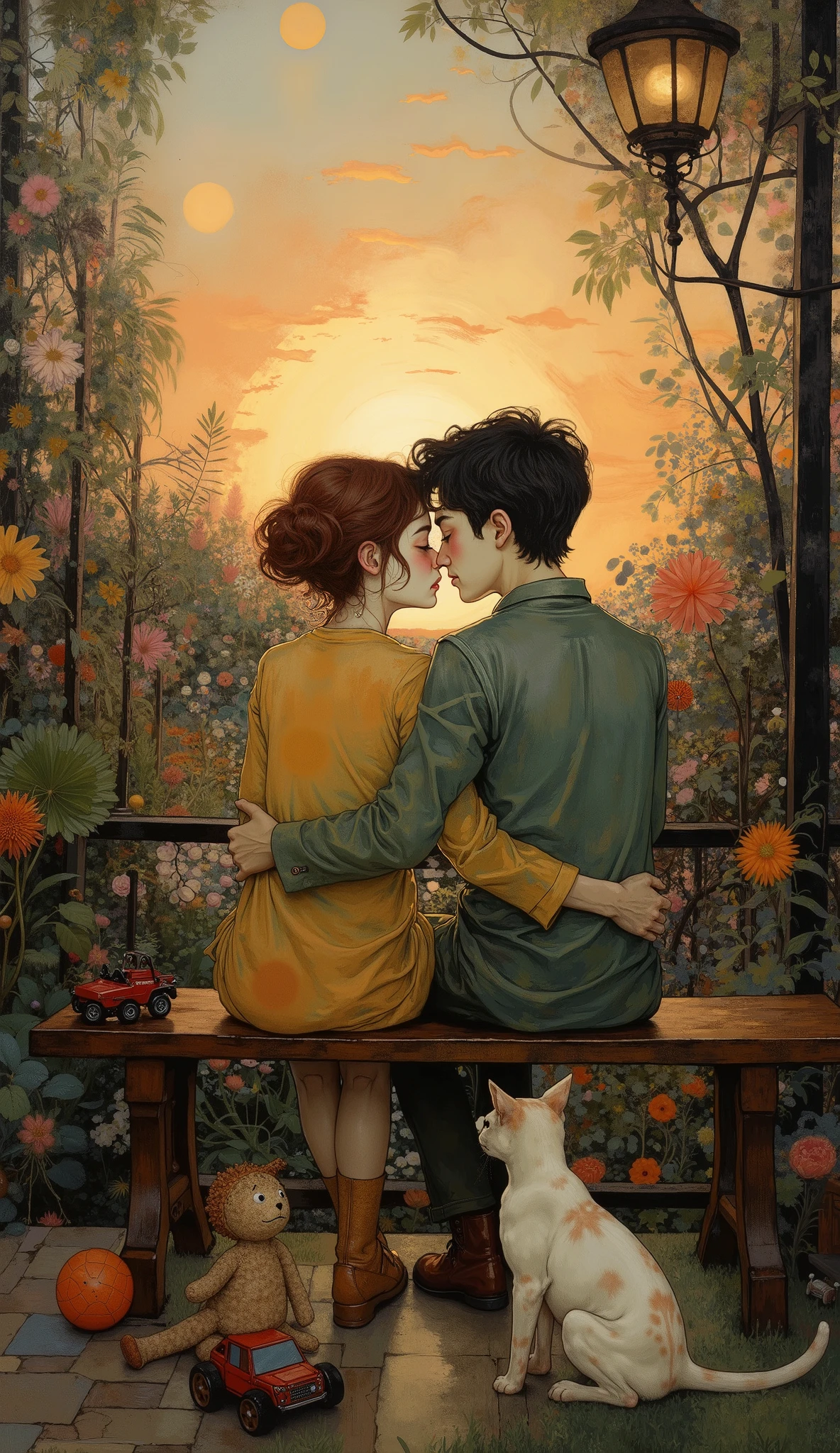  two  ren hugging behind the camera,  sitting on a bench in a square watching the sunset ,  botanic garden background ,  with lots of exotic plants ,  and a beautiful sunset ,  there are butterflies in various places ,  and a fluffy white cat with their backs to the camera ,  watching the sunset on the floor there are toys , A ball, a plastic car , A rag doll,  adorable and tender scene , Fairytale  :1.5, Chiaroscuro,  cinematographic lighting, Fujicolor, U high definition, Retina,  masterpiece,  Precise,  Anatomically Correct,  Textured leather,  super detail,  tall details ,  high quality, awarded,  the best quality,  High resolution , 1080P,  high definition, 16K
