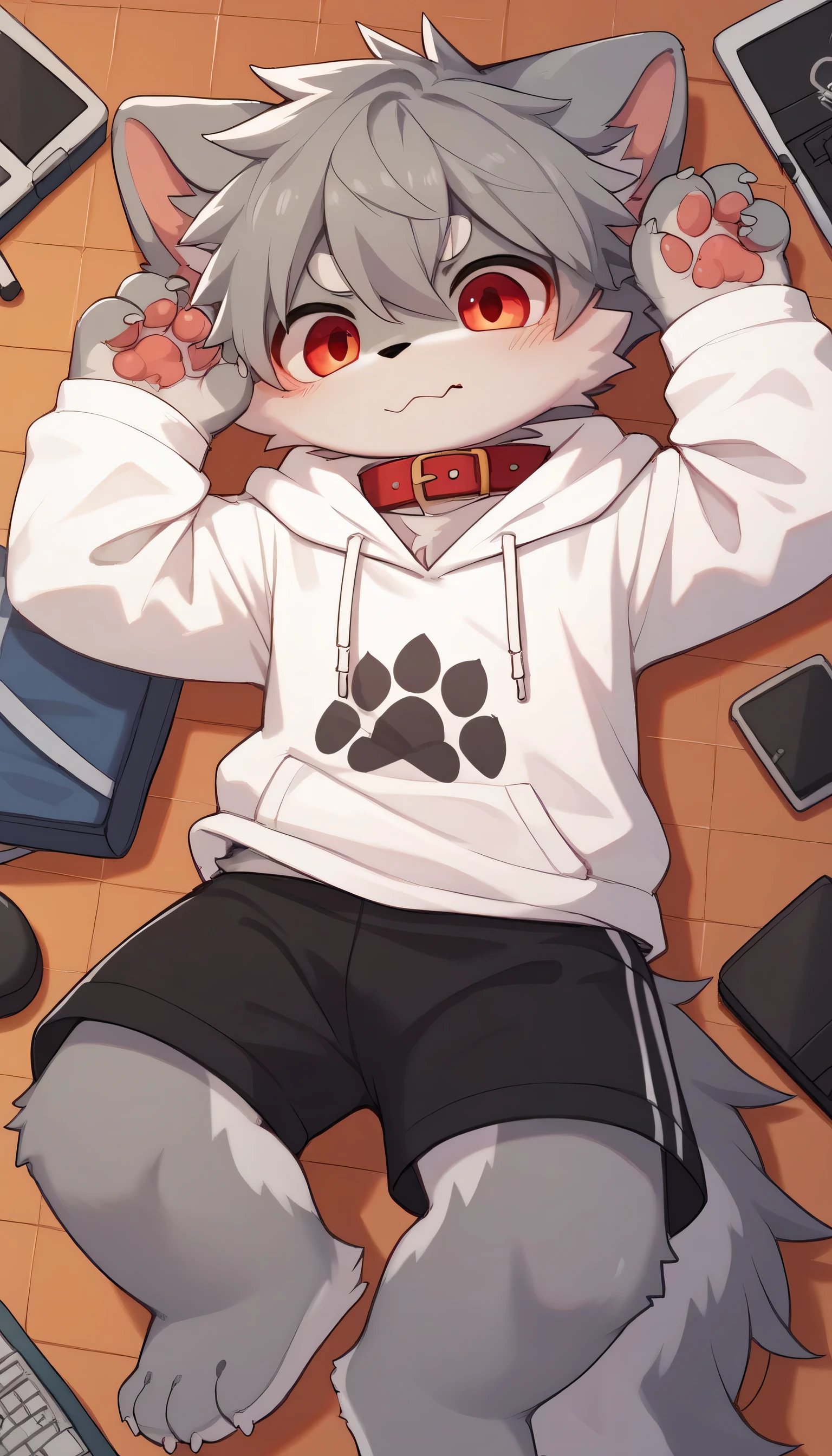 very detailed having fun very detailed,gray hair and gray fur , gray wolf , shemono,,Participation, red collar on the floor, cute face, fluffy fur ,The three cute furries dance !Horny boy , white background , embarrassed face,cute grey fur fur , estrus, droopy ears, alone, black shorts , sweatshirt , Long Sleeve ,trend,