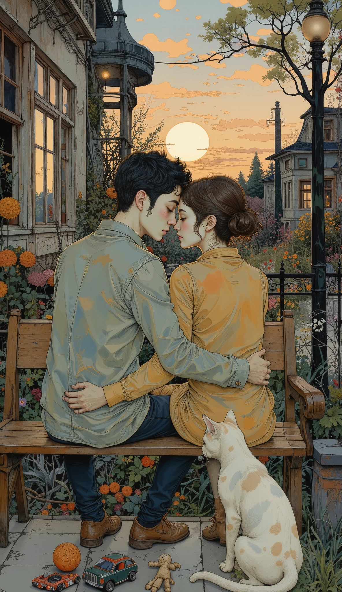  two  ren hugging behind the camera,  sitting on a bench in a square watching the sunset ,  botanic garden background ,  with lots of exotic plants ,  and a beautiful sunset ,  there are butterflies in various places ,  and a fluffy white cat with their backs to the camera ,  watching the sunset on the floor there are toys , A ball, a plastic car , A rag doll,  adorable and tender scene , Fairytale  :1.5, Chiaroscuro,  cinematographic lighting, Fujicolor, U high definition, Retina,  masterpiece,  Precise,  Anatomically Correct,  Textured leather,  super detail,  tall details ,  high quality, awarded,  the best quality,  High resolution , 1080P,  high definition, 16K
