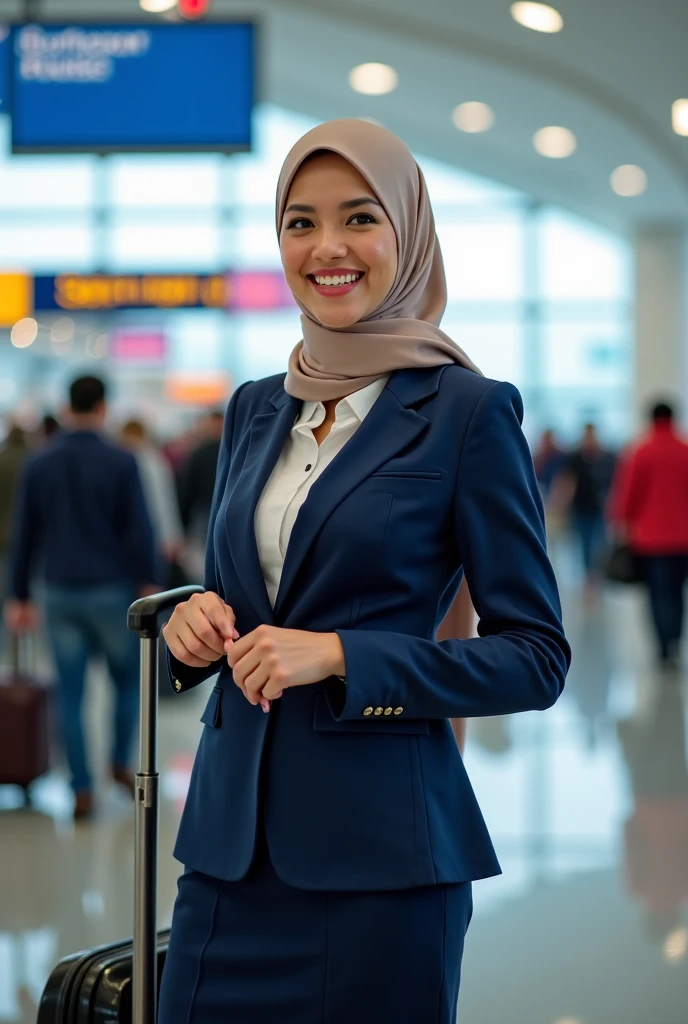 a female restaurant waitress in a hijab in a flight attendant's uniform plus blue realistic model