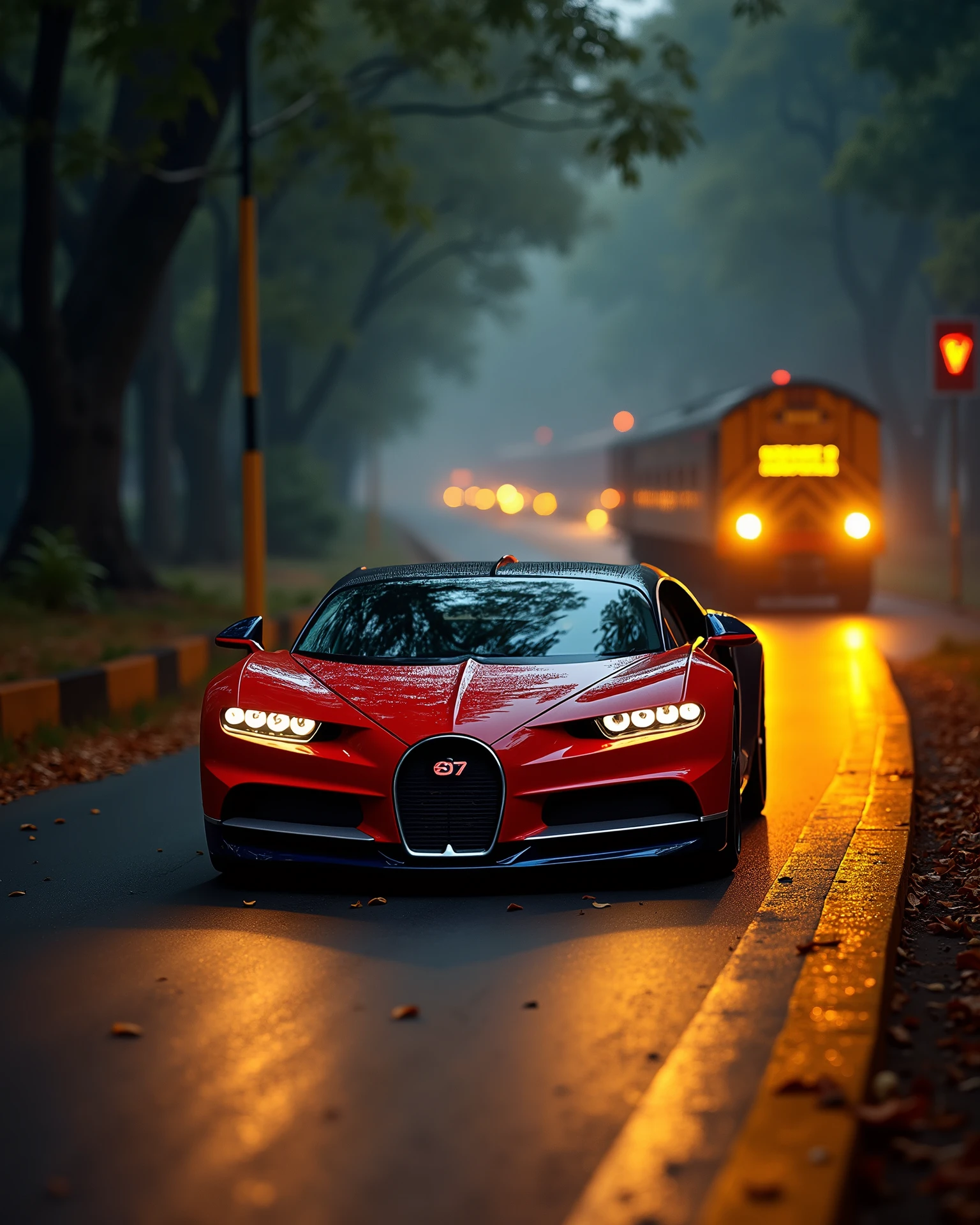 On Indian yellow pole light road dark red Bugatti Chiron running at top speed write 'MR 07' clearly on number plate, horror Indian road , yellow side poles, big deep trees around the road , close to camera, leaves on road, leafs are flowing in air and road, fog lightroom effect, professional photography of seen, dark night , side of the road a yellow neon sign board , side look, indian train running in background