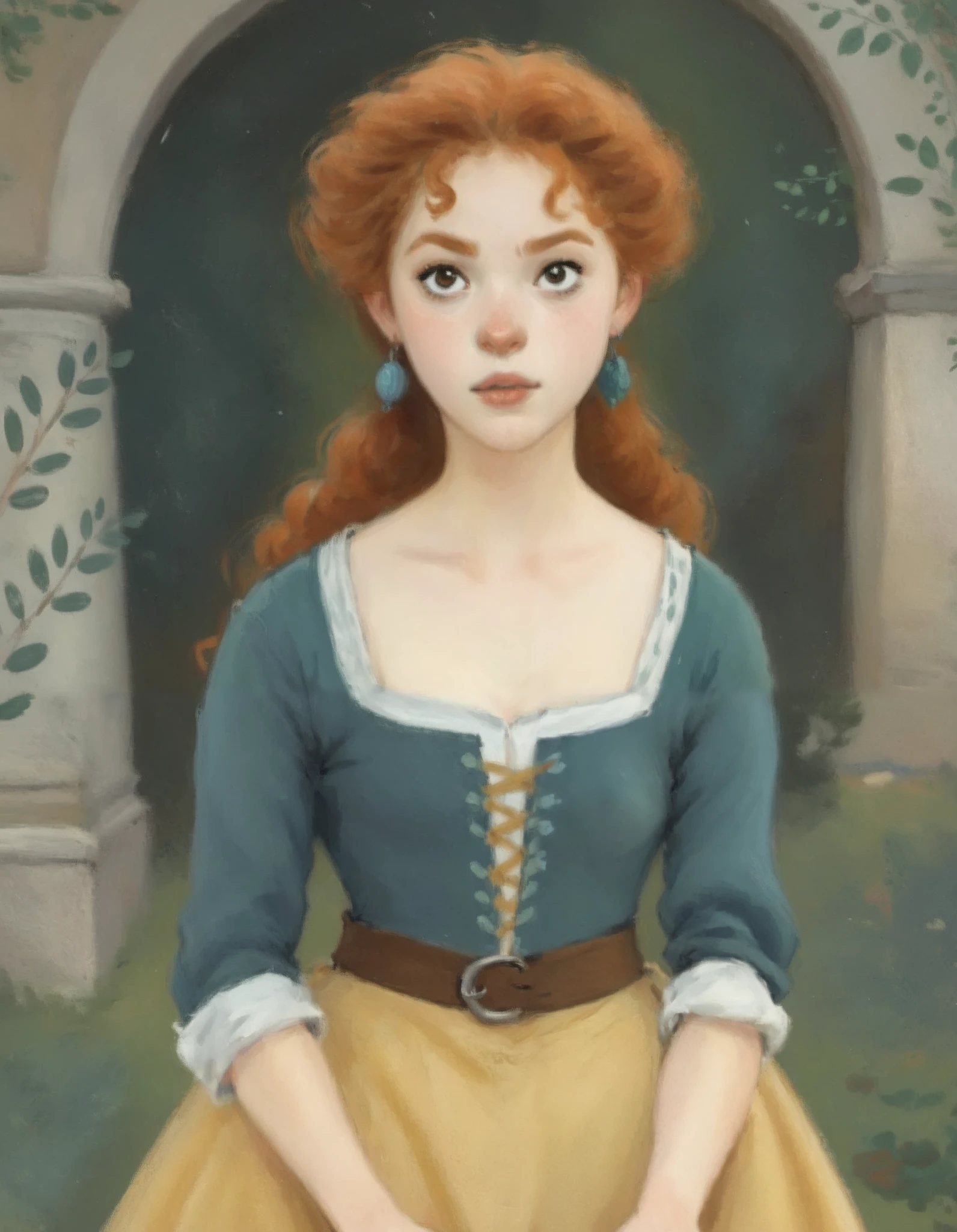 score_9, score_8, score_7, score_8_up, score_7_up, 1girl, merida, portrait painting, wearing a medieval peasant dress, pastel colors, surprised expression, perfect face, perfect eyes, natural skin, cartoon, realistic, in gougoupaintleaves style:1.5, asura style, realistic, cartoon, illustration, sketch, sketch lines, gouache painting, full body shot, wide angle, dynamic pov, Mavis