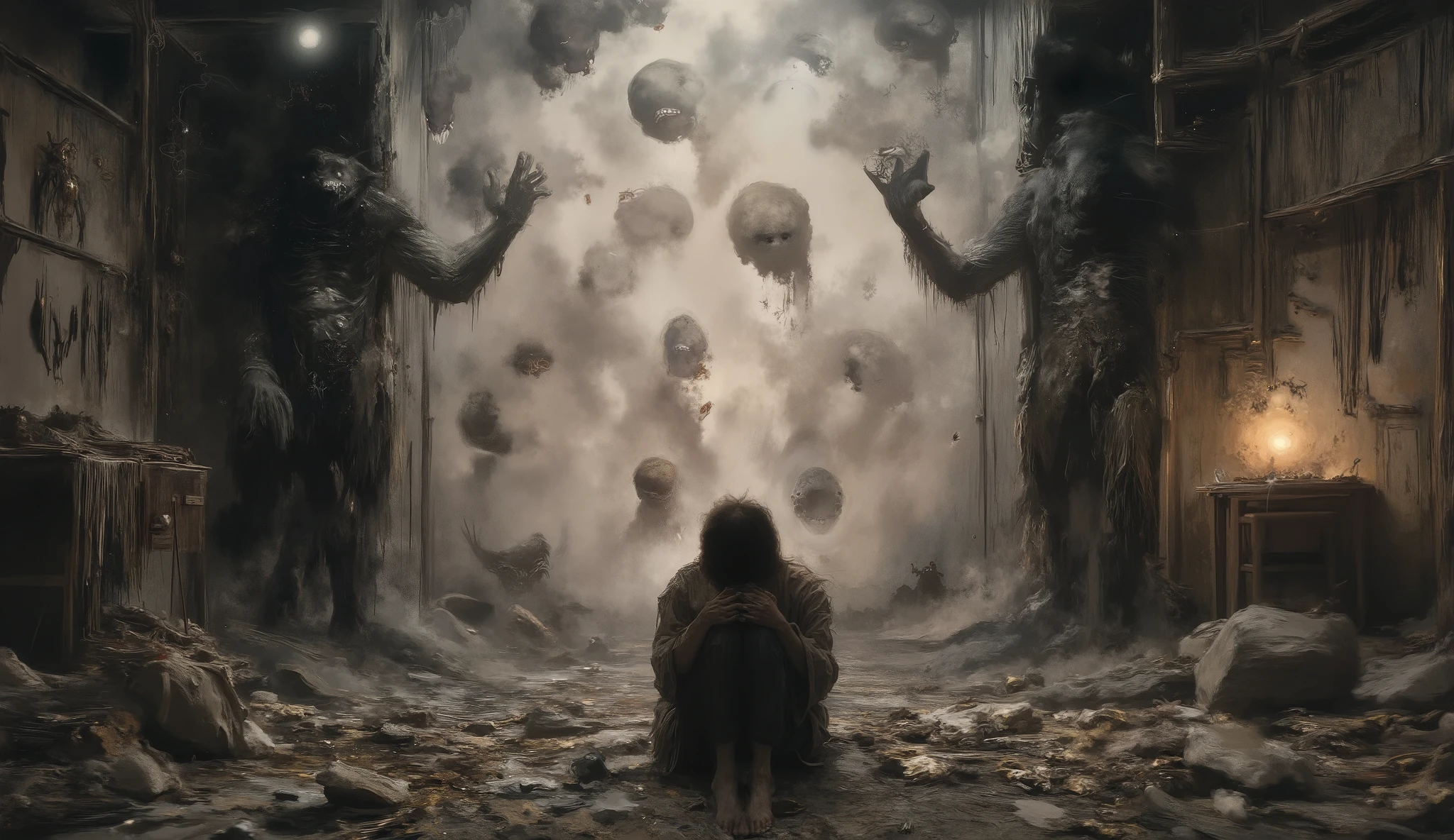 A surreal and expressive close-up on an artist sitting in front of a huge blank canvas, head in hands, looking deeply disappointed. Around them, dull and repetitive artworks litter the floor, all identical, featuring generic soulless figures. Behind them, a towering shadowy figure takes the shape of an amorphous creature, symbolizing artistic stagnation, slowly draining their inspiration. The scene is bathed in a cold, bleak light, emphasizing the feeling of creative exhaustion. The colors are dull and monotonous, contrasting with a small glowing spark in the corner of the studio, suggesting a last glimmer of hope. The brushstrokes are expressive, with rough textures conveying frustration and the yearning for innovation.