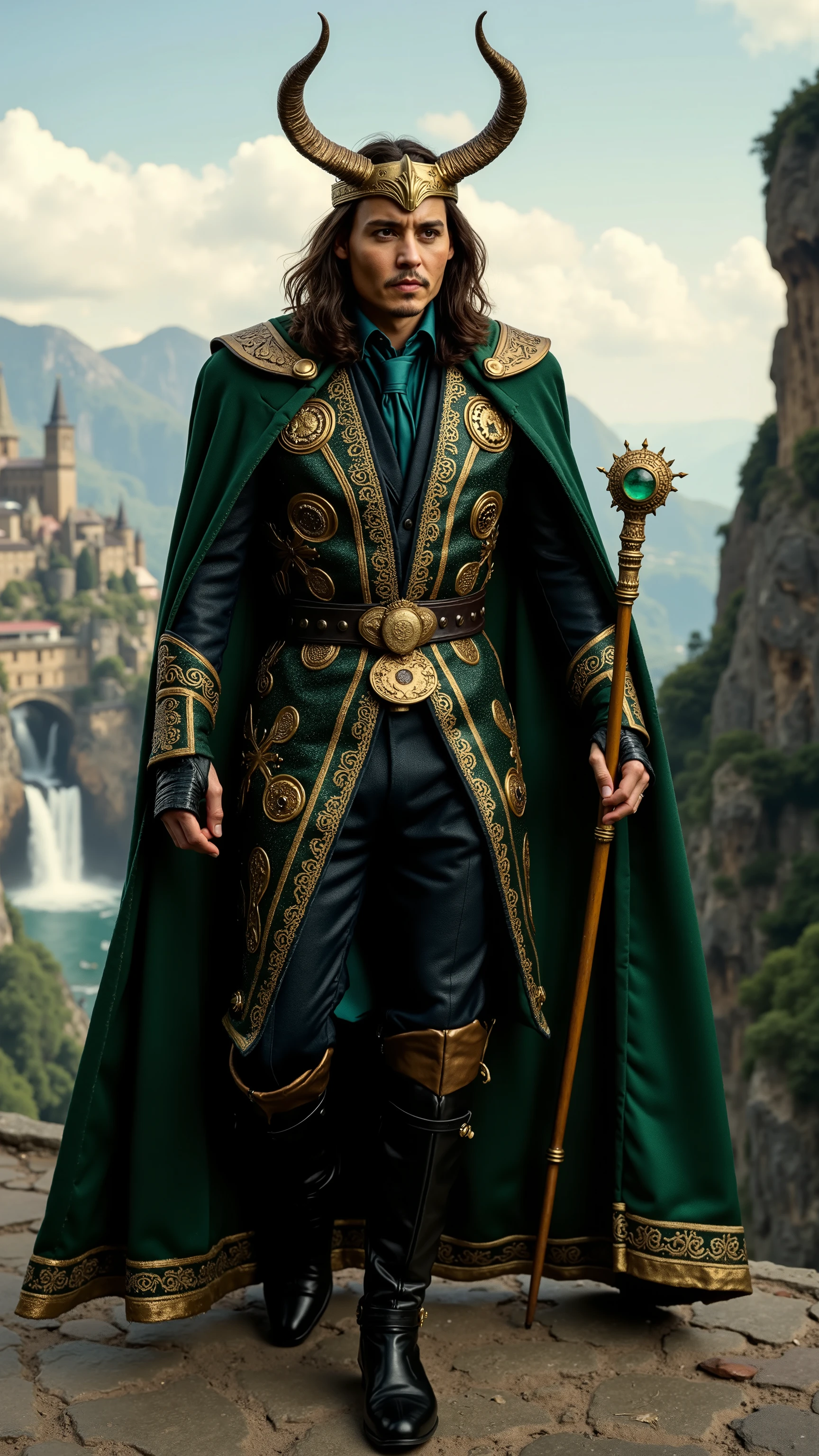 Johnny Depp reimagined as a majestic god Loki walking and holding golden scepter、dramatic atmosphere, 1 male、
his long, raven-black hair flowing beneath an ornate horned helmet of gleaming gold. His piercing emerald-green eyes shimmer with mischief and intellect, his sharp features sculpted with aristocratic precision. A smirk plays at his lips.
He wears an opulent high-collared cloak of emerald silk, interwoven with golden filigree and lined with ethereal runes that shift like liquid light. Beneath it, a midnight-black cuirass of enchanted leather and polished obsidian molds perfectly to his form, etched with interwoven symbols of illusion and power. His long, flowing sleeves taper into clawed gloves, their tips forged from enchanted gold. Sleek, curved onyx pauldrons rest on his shoulders, subtly adorned with ancient inscriptions.
A velvet cloak of shimmering black and emerald, its fabric shifting like woven shadows, billows behind him, clasped at the chest by an ornate golden serpent brooch with emerald eyes. A broad Asgardian belt, inlaid with intricately cut emeralds, secures his silhouette, while knee-high boots of enchanted leather. In his hand, he holds a golden scepter, its tip crowned with a shimmering blue gemstone, pulsing faintly with arcane energy, a tool of both persuasion and devastation.
, shows his male character's full figure, athletic body, perfect face, full body, extremely beautiful, god, male shape, perfect anatomy, The background showcases the Asgard shines under a bright sky. Majestic golden spires pierce the heavens, while the Bifrost Bridge arcs in radiant colors. Waterfalls tumble down rocky cliffs, embraced by verdant landscapes, photorealistic, masterpiece, realistic, high contrast, 8k, HD, high definition detailed, detailed, hyper detailed, realistic skin texture, best quality, ultra high resolution, hyper realistic, no text, very detailed eyes, dramatic lighting