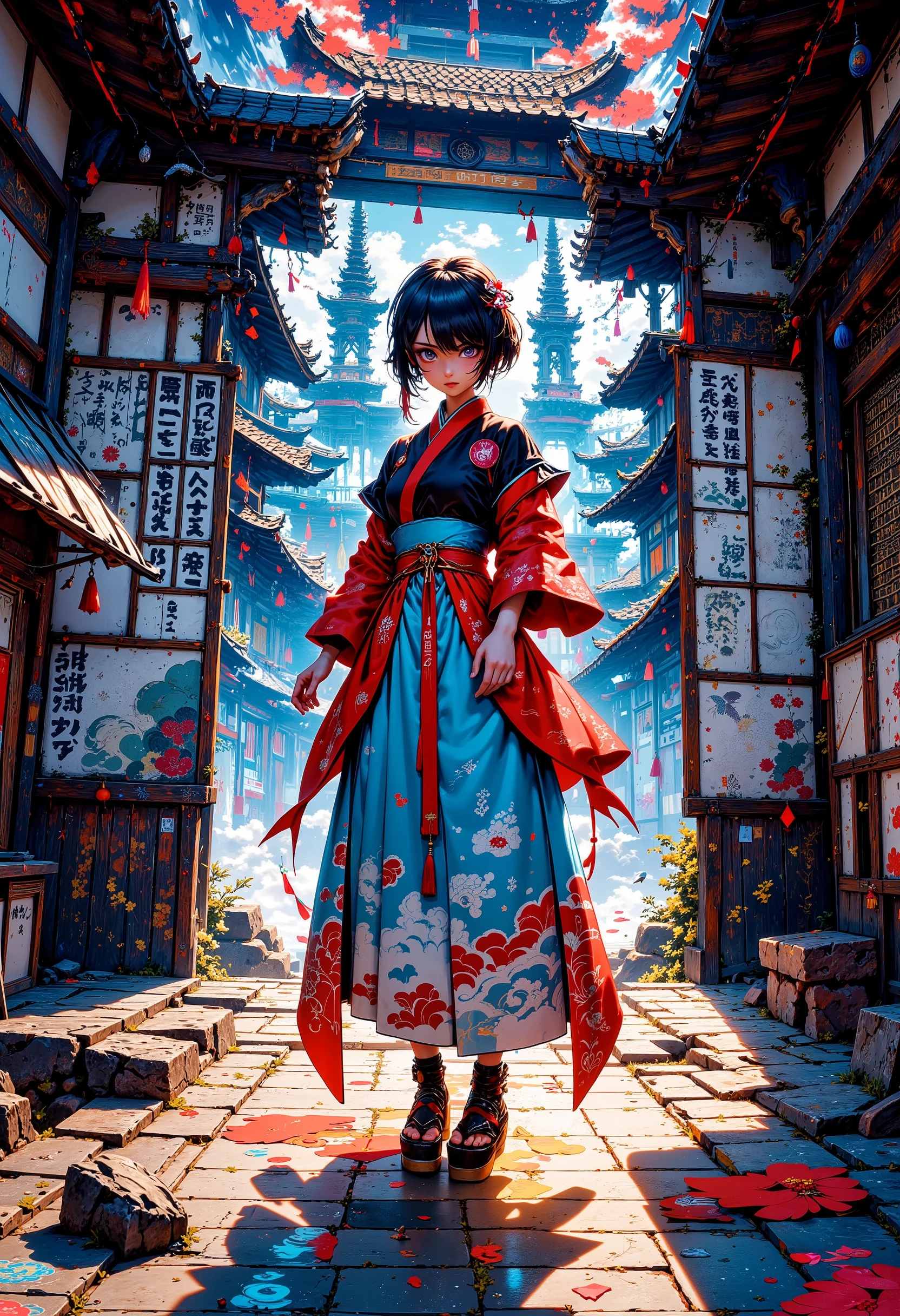 (High Definition, masterpiece, Accurate, top quality, High Definition model, high detail, (((The textures are soft))), ((matte and toy-like with a handmade premium look)), (((Tim Burton style))), dark, Woman in Japanese dress, HD, Asymmetric, Visualization of the Inner World of a Crazy Spirit, Every detail, Hidden Details, Resonance of Ripples, Japanese-style entrance with sliding doors, Earthen floor, entrance with a structure with steps, Japanese costumes, bob cut, Long bangs cover the right eye, Sumi painting on Japanese paper, ink painting style, contrasts of details and blur, Japanese kimono costumes, ((View from below and ground level shot)), 