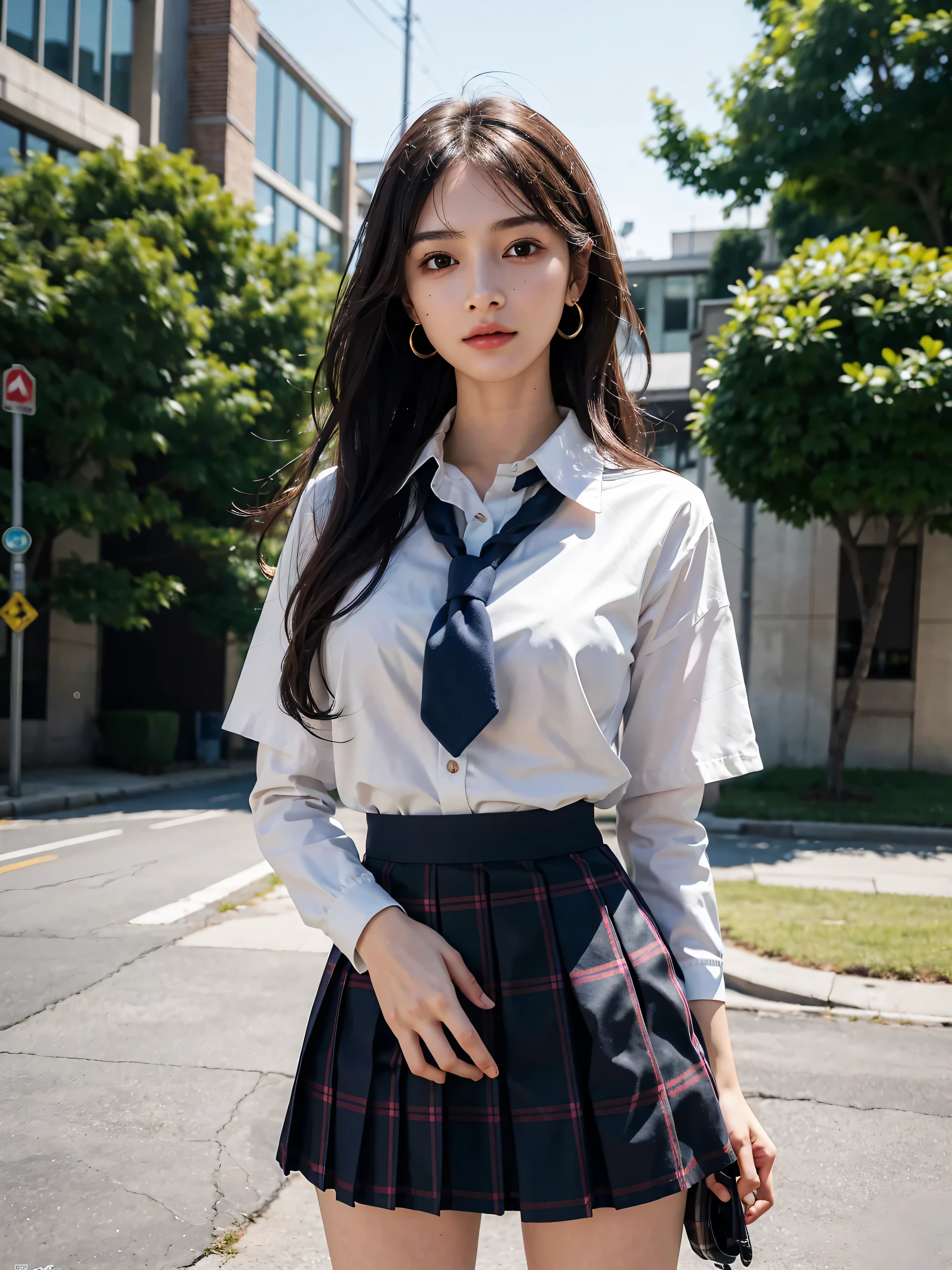 1girl, slender beautiful girl, long straight black hair, tiny breast, leaning on doorway in old school hallway, rain falling outside hallway, wet floor, wearing white cotton school uniform, white sailor top with short sleeves, red necktie, red and black plaid mini skirt, pleated skirt, slight wind blowing hair, melancholic gaze looking at camera, shallow depth of field, extremely detailed skin, hair and clothing, cinematic lighting, muted color palette, rainy atmosphere, (best quality,4k,8k,highres,masterpiece:1.2),ultra-detailed,(realistic,photorealistic,photo-realistic:1.37),detailed,masterpiece