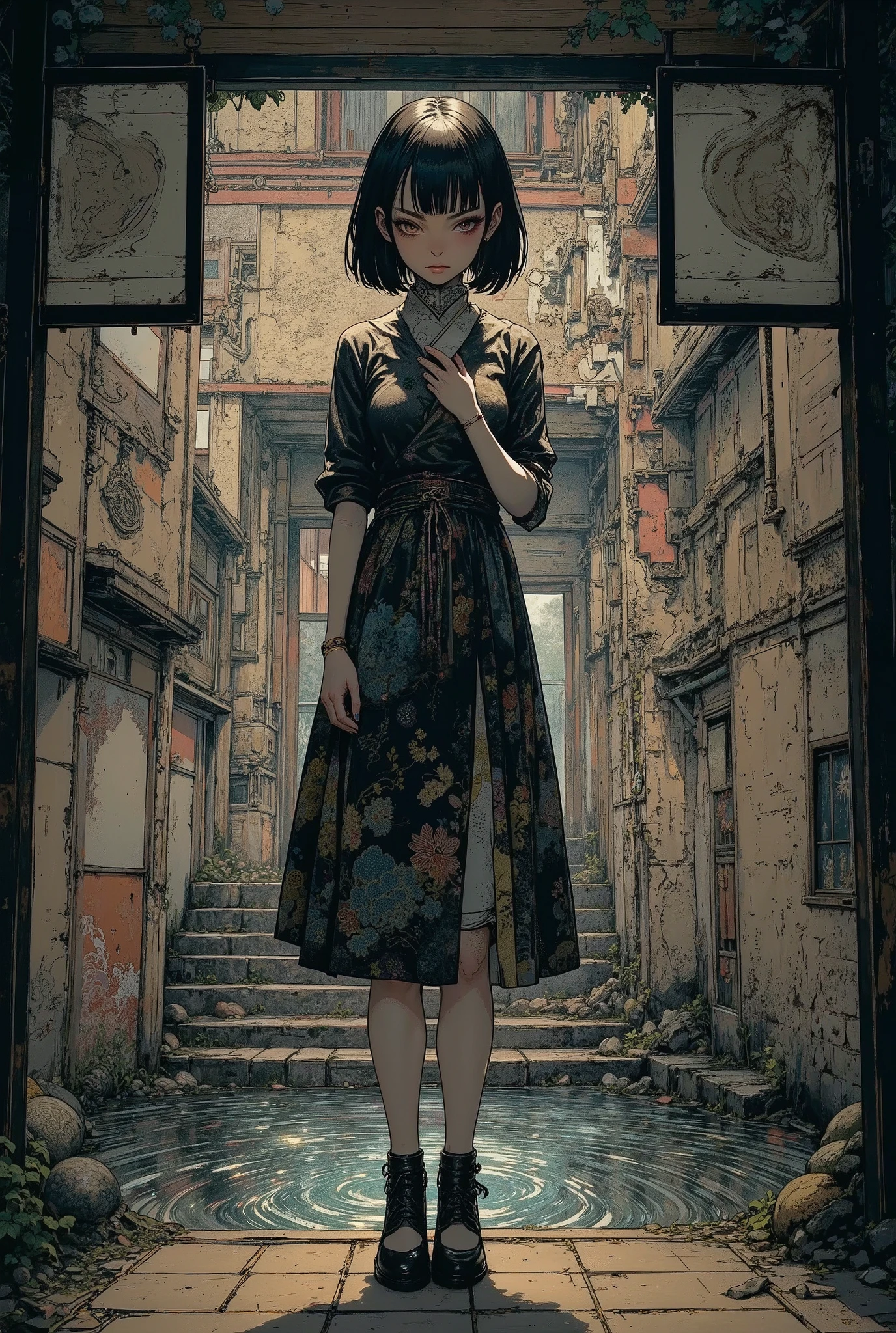 (High Definition, masterpiece, Accurate, top quality, High Definition model, high detail, (((The textures are soft))), ((matte and toy-like with a handmade premium look)), (((Tim Burton style))), dark, Woman in Japanese dress, HD, Asymmetric, Visualization of the Inner World of a Crazy Spirit, Every detail, Hidden Details, Resonance of Ripples, Japanese-style entrance with sliding doors, Earthen floor, entrance with a structure with steps, Japanese costumes, bob cut, Sumi painting on Japanese paper, ink painting style, contrasts of details and blur, Japanese kimono costumes, ((View from below and ground level shot)),  reaching towards viewer, 
