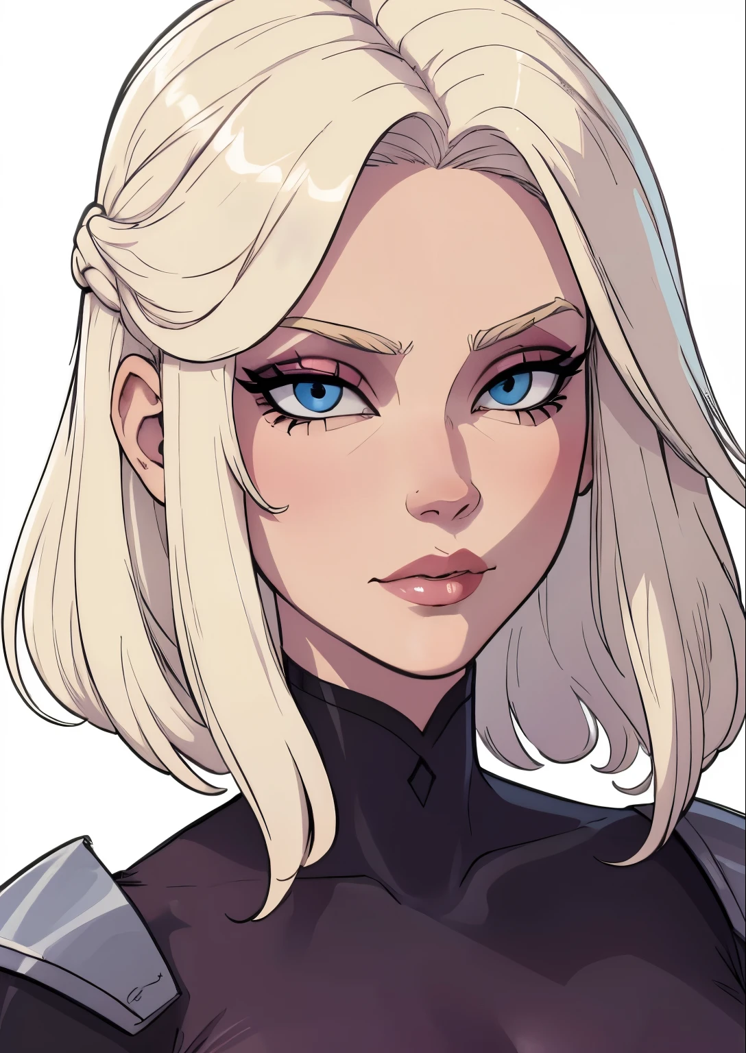 masterpiece, best quality, 1female, beautiful, face portrait, 1girl, face focus, makeup, white hair, nyantcha, cell shading, greyish eyes, light blonde, frizzy hair, pale
